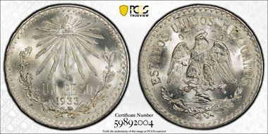 1933-M Peso KM-455  Ag MS67