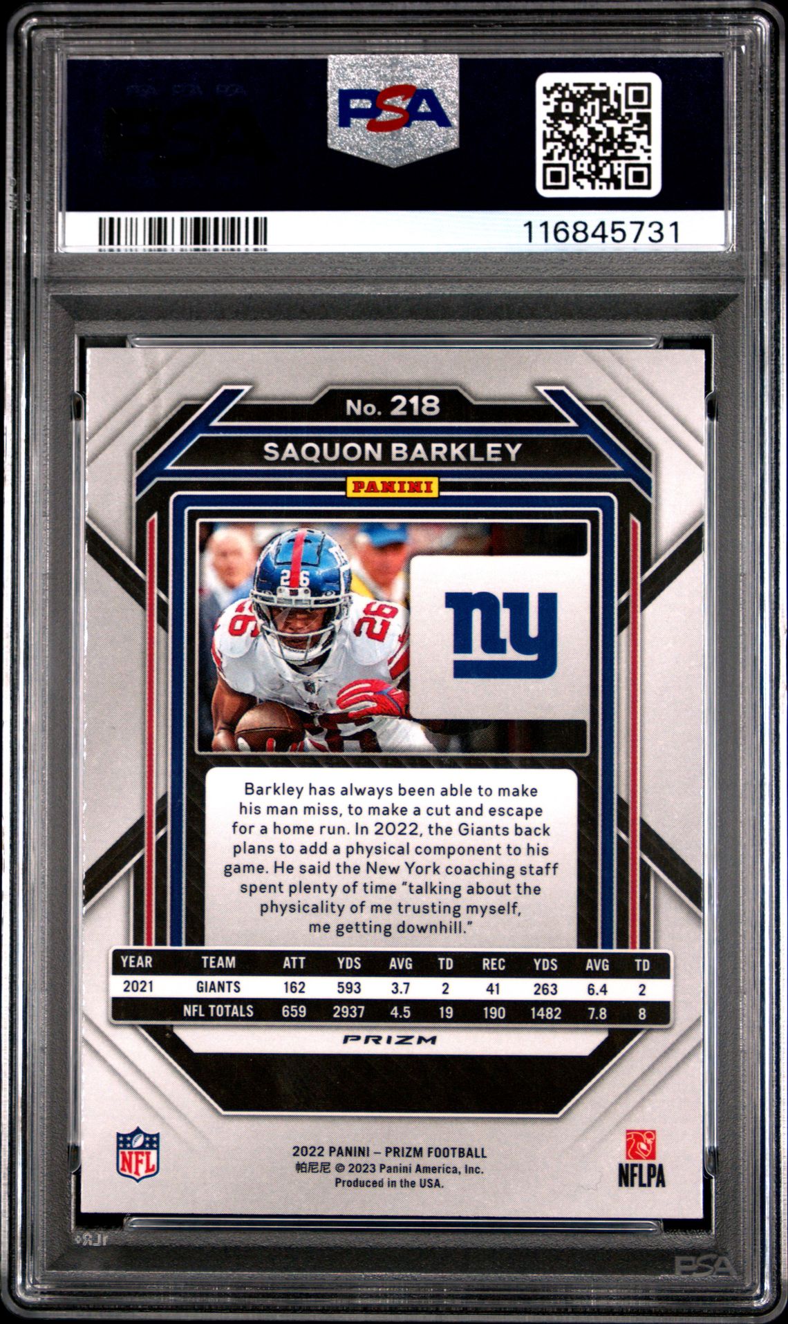 2022 Panini Prizm Saquon Barkley #218 (White Sparkle) Mint 9 back