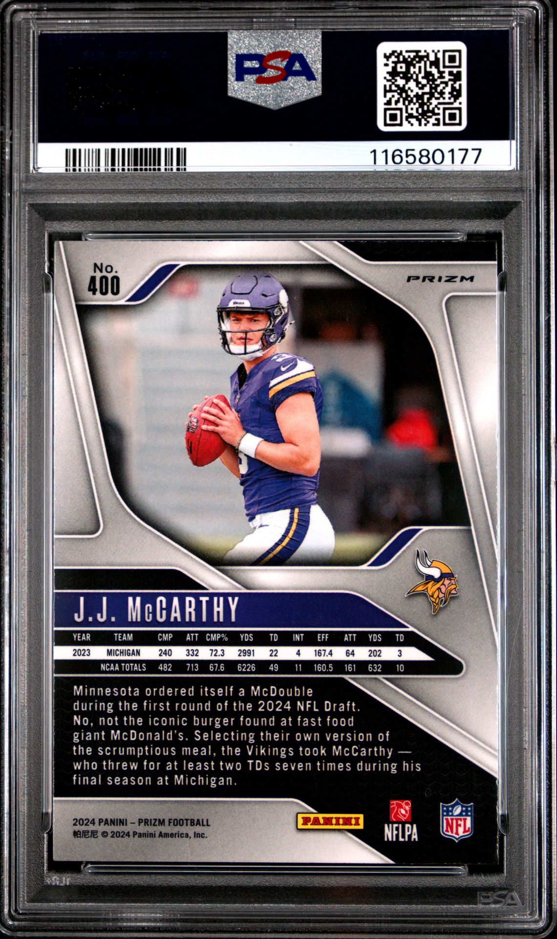 2024 Panini Prizm Jj Mccarthy #400 (Lazer Prizm) Gem Mt 10 back