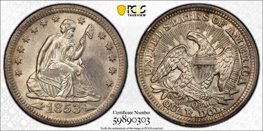 1853-O 25C Arrows and Rays MS64