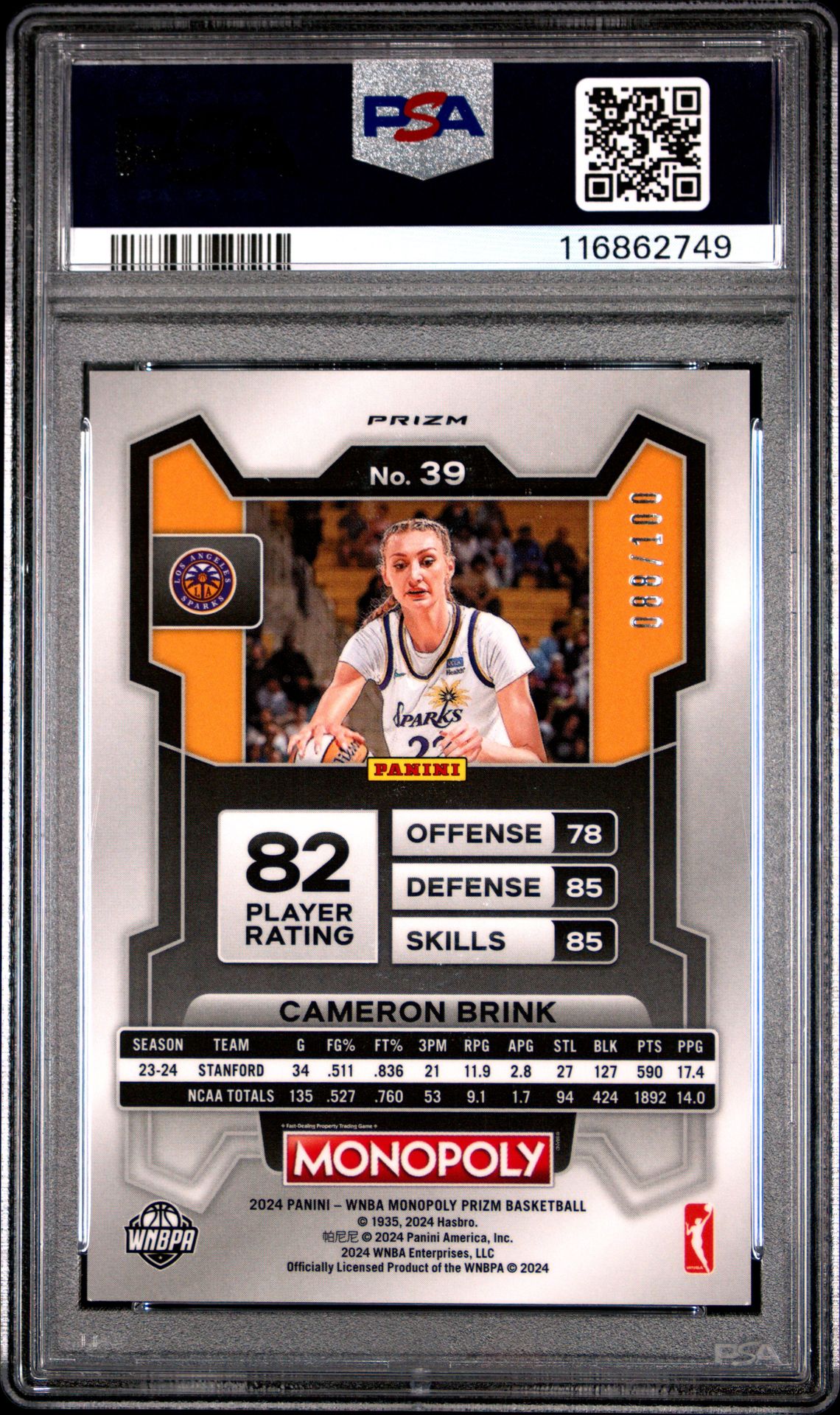 2024 Panini Prizm Monopoly Wnba Cameron Brink #39 (Red Millionaire Shimmer) Mint 9 back