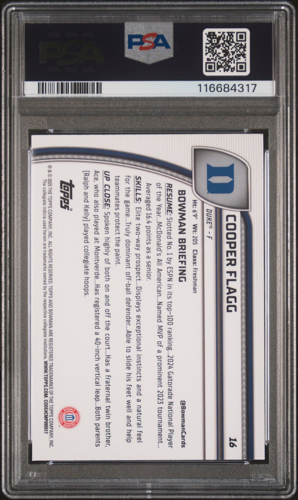 2024 Bowman Chrome University Cooper Flagg #16 (Black Wave) Mint 9 back