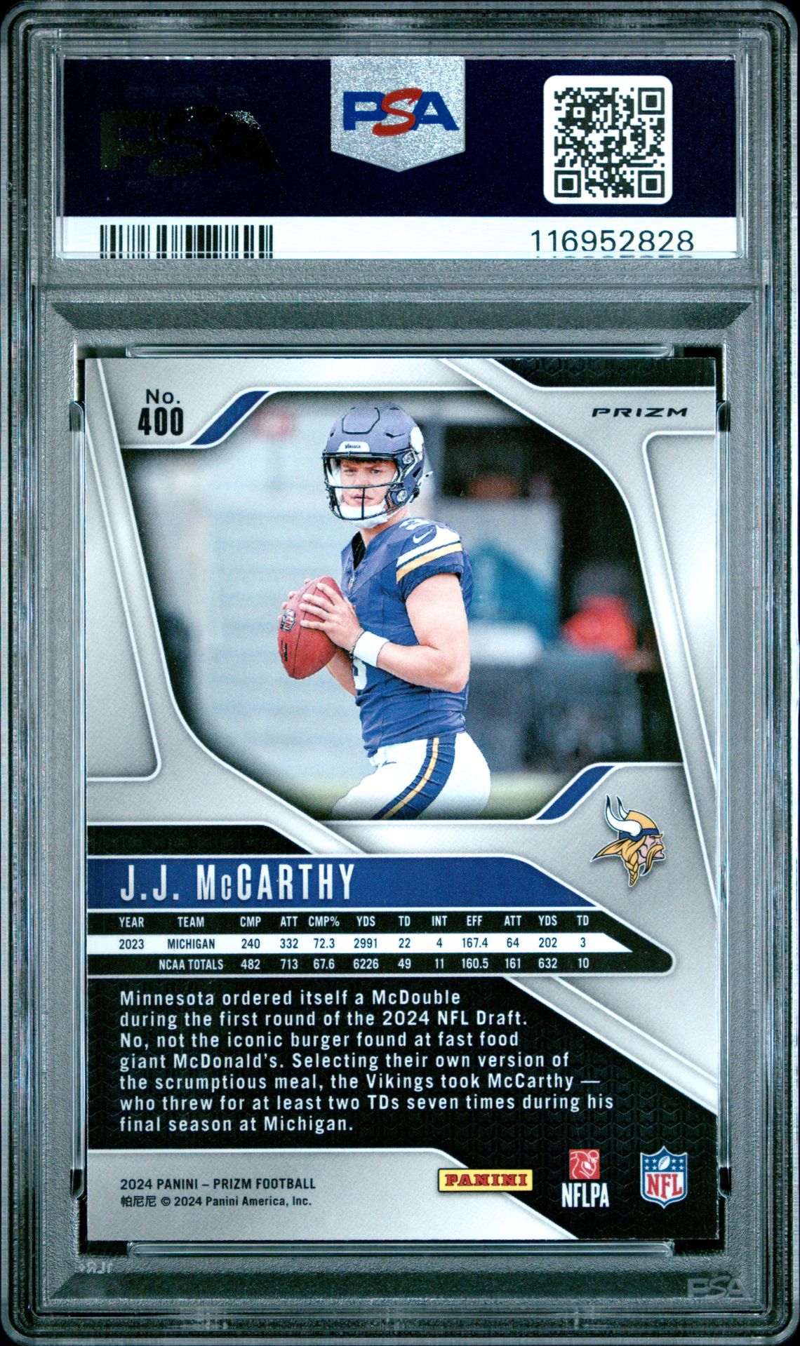 2024 Panini Prizm Jj Mccarthy #400 (Lazer Prizm) Gem Mt 10 back
