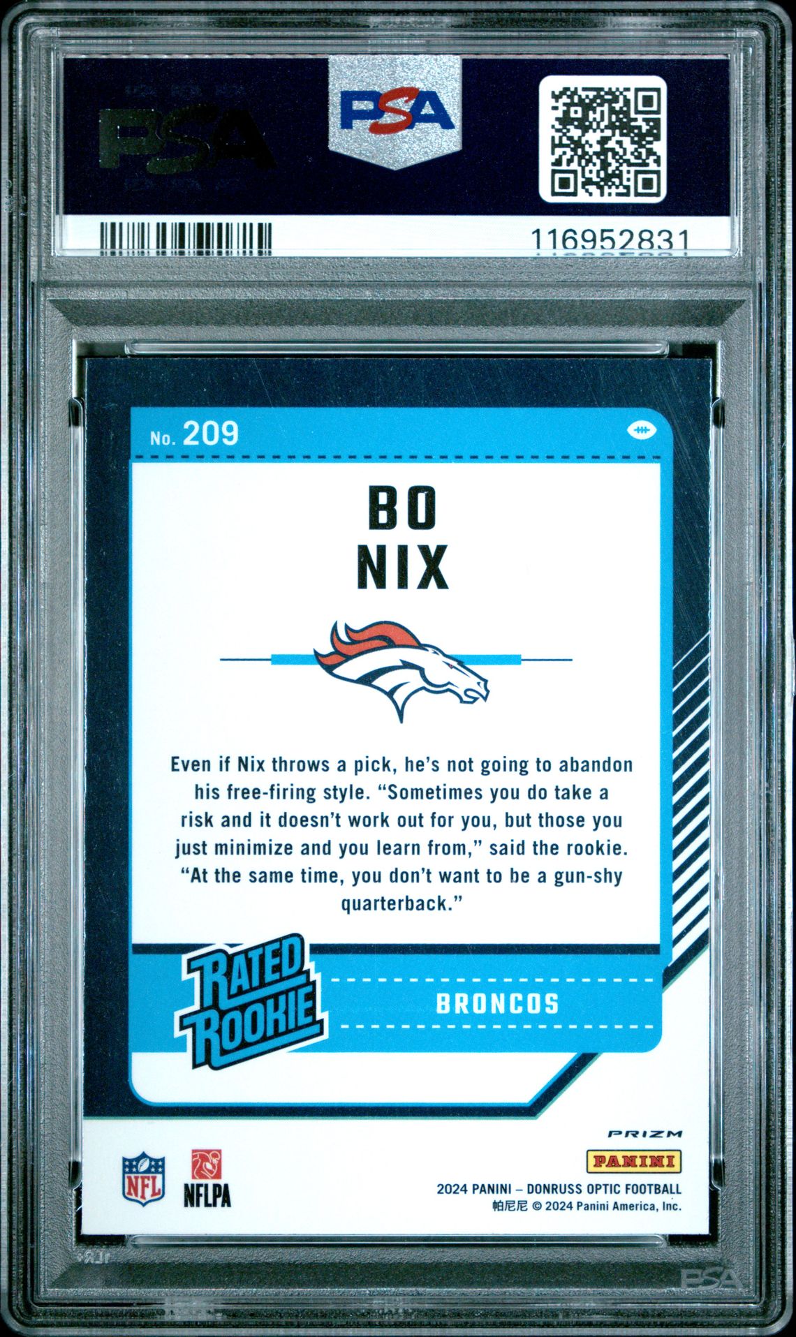 2024 Panini Donruss Optic Bo Nix #209 (Blue Hyper) Gem Mt 10 back