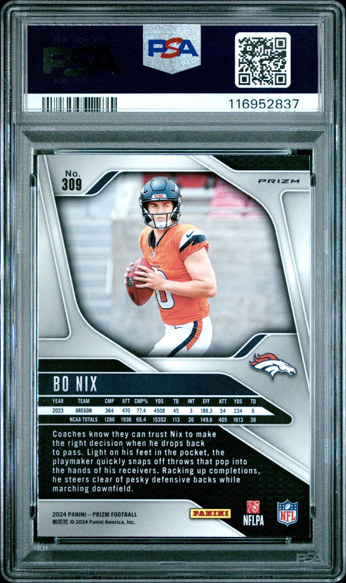 2024 Panini Prizm Bo Nix #309 (Silver Prizm) Mint 9 back