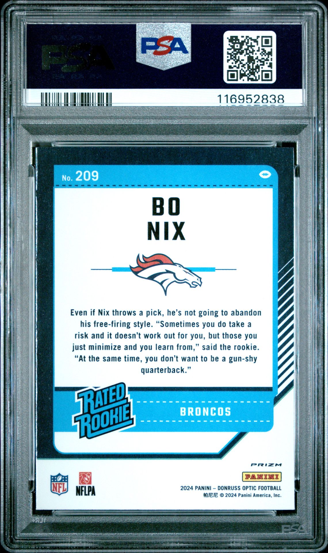 2024 Panini Donruss Optic Bo Nix #209 (Blue Scope) Gem Mt 10 back