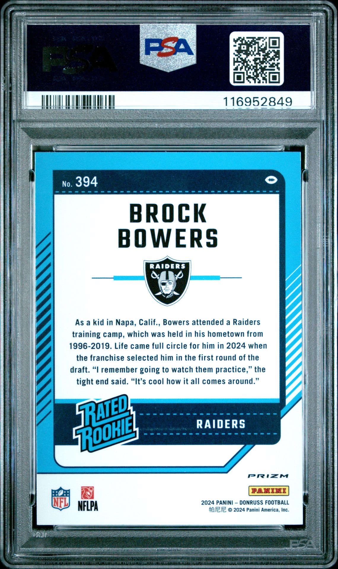 2024 Panini Donruss Brock Bowers #394 (Optic Preview-Blue Scope) Gem Mt 10 back