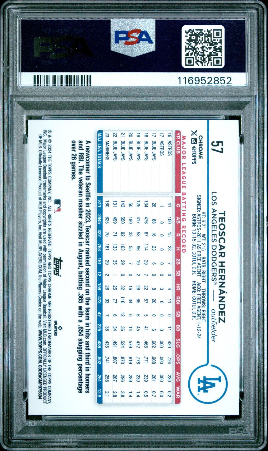 2024 Topps Chrome Teoscar Hernandez #57 (Purple Sonar Refractor) Gem Mt 10 back