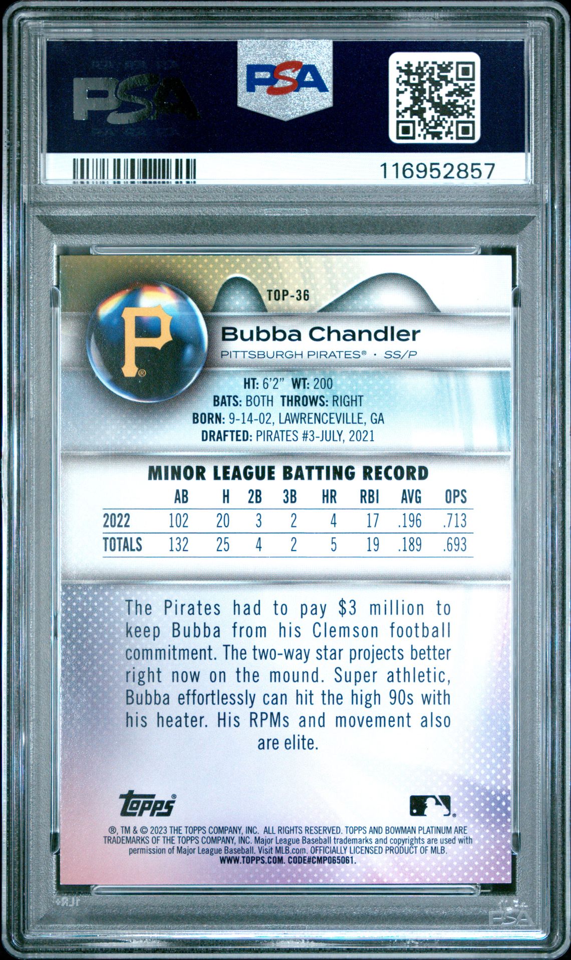 2023 Bowman Platinum Top Prospects Bubba Chandler #Top36 (Top Prospects-Pink Ice) Gem Mt 10 back