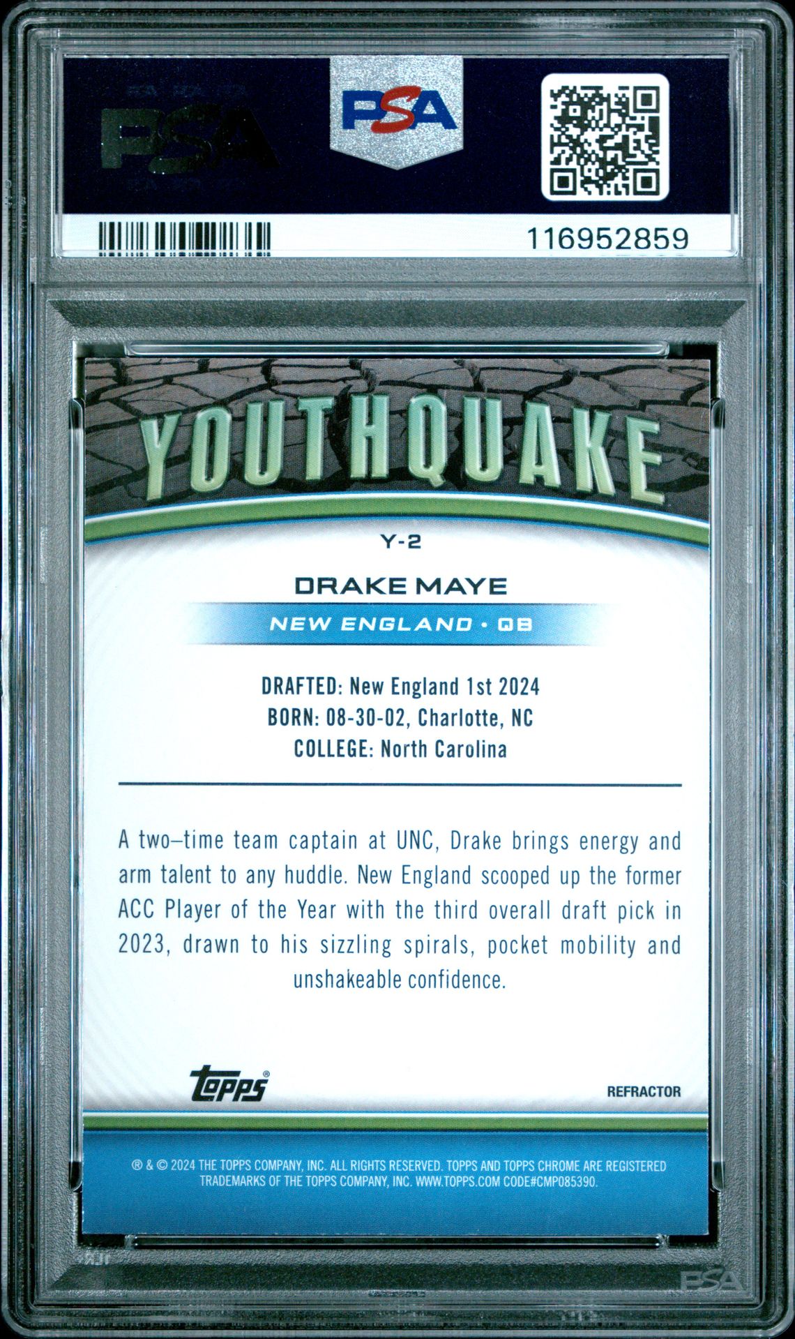 2024 Topps Chrome Youthquake Drake Maye #Y2 (Youthquake-Refractor) Mint 9 back