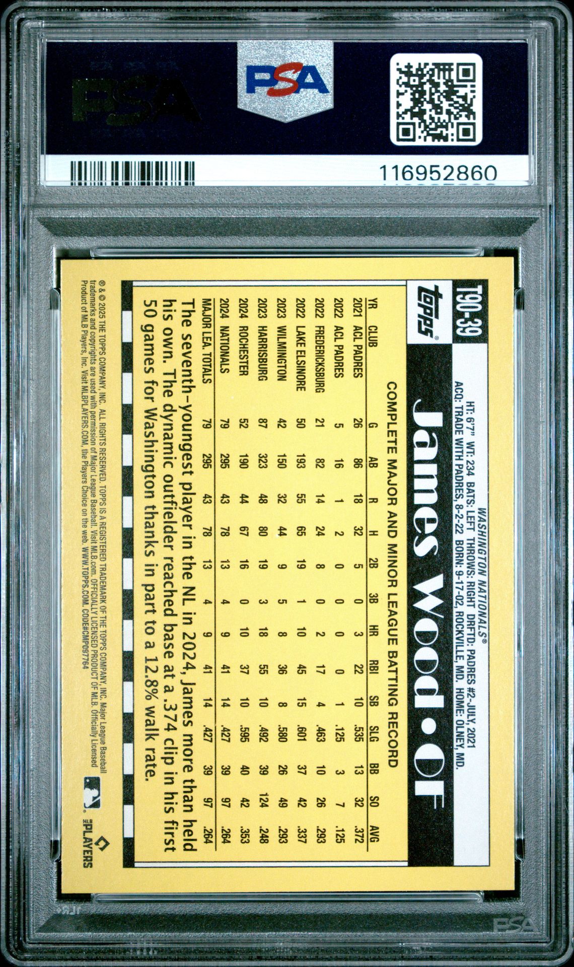2025 Topps 1990 Topps Baseball James Wood #T9039 Gem Mt 10 back