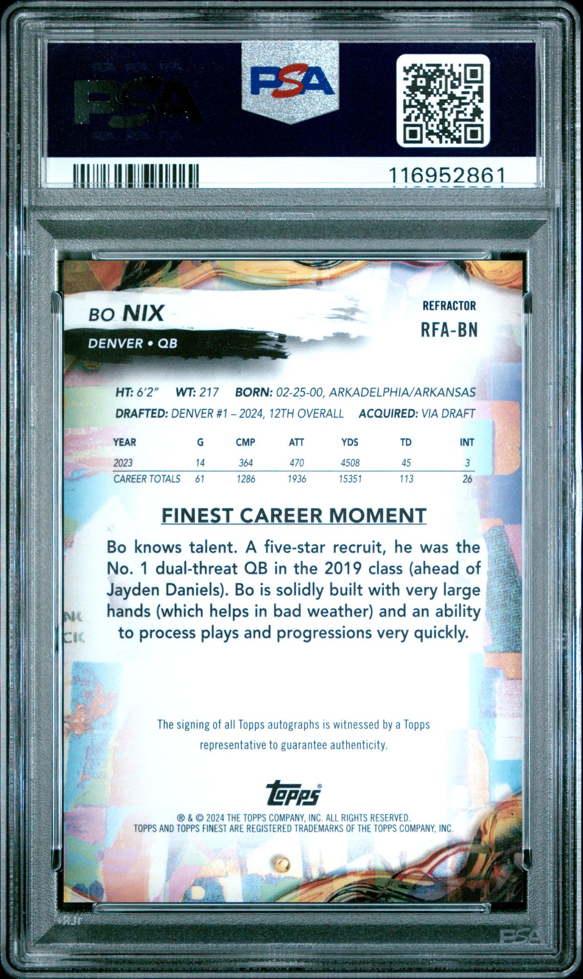 2024 Topps Finest Rookie Finest Autographs Bo Nix #Rfabn (Rookie Finest Au-Refractor) Mint 9 back