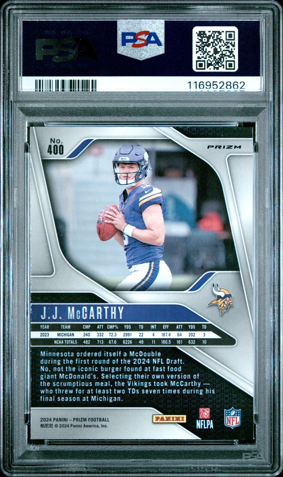 2024 Panini Prizm Jj Mccarthy #400 (Neon Green Pulsar) Gem Mt 10 back