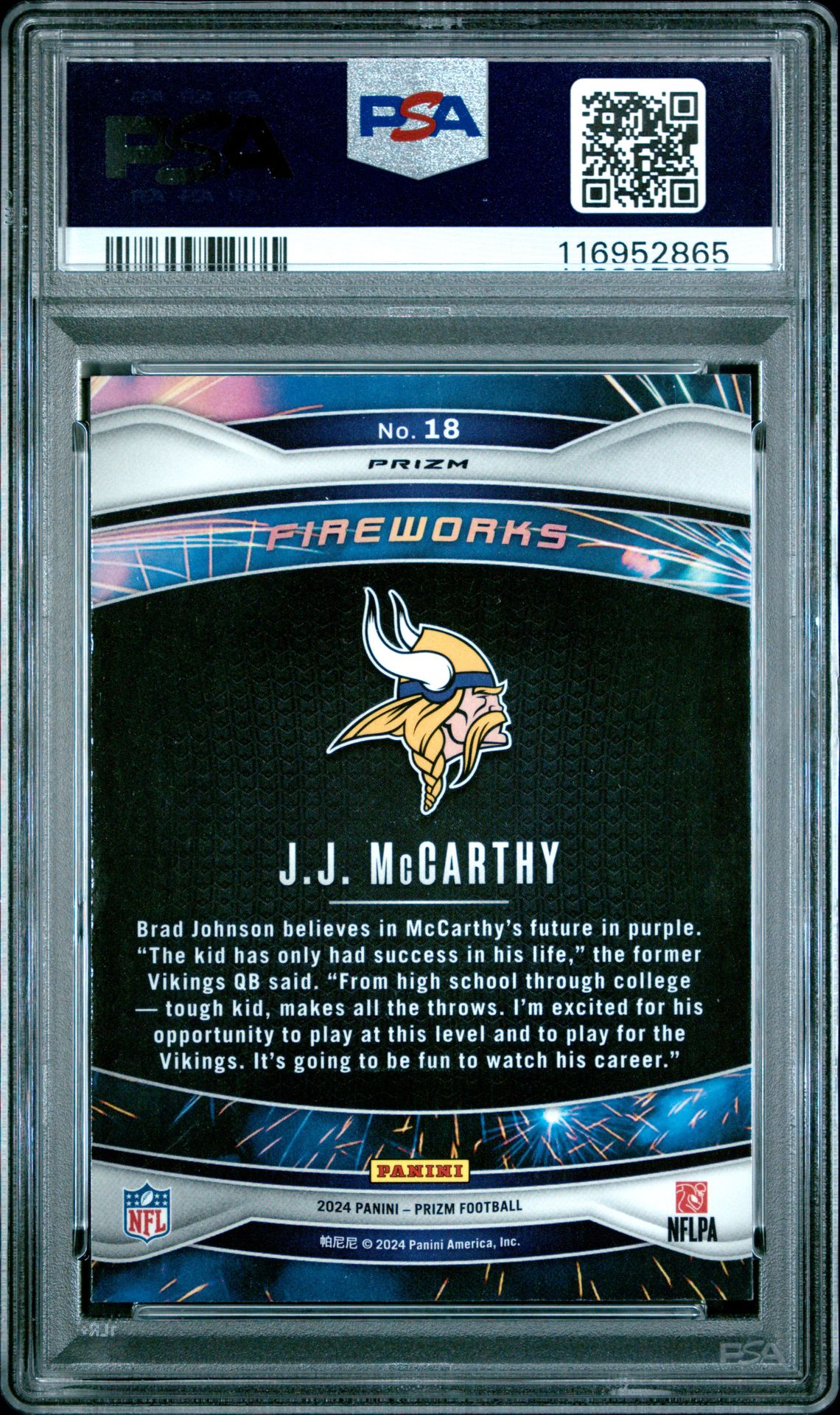 2024 Panini Prizm Fireworks Jj Mccarthy #18 (Fireworks-Green Prizm) Gem Mt 10 back