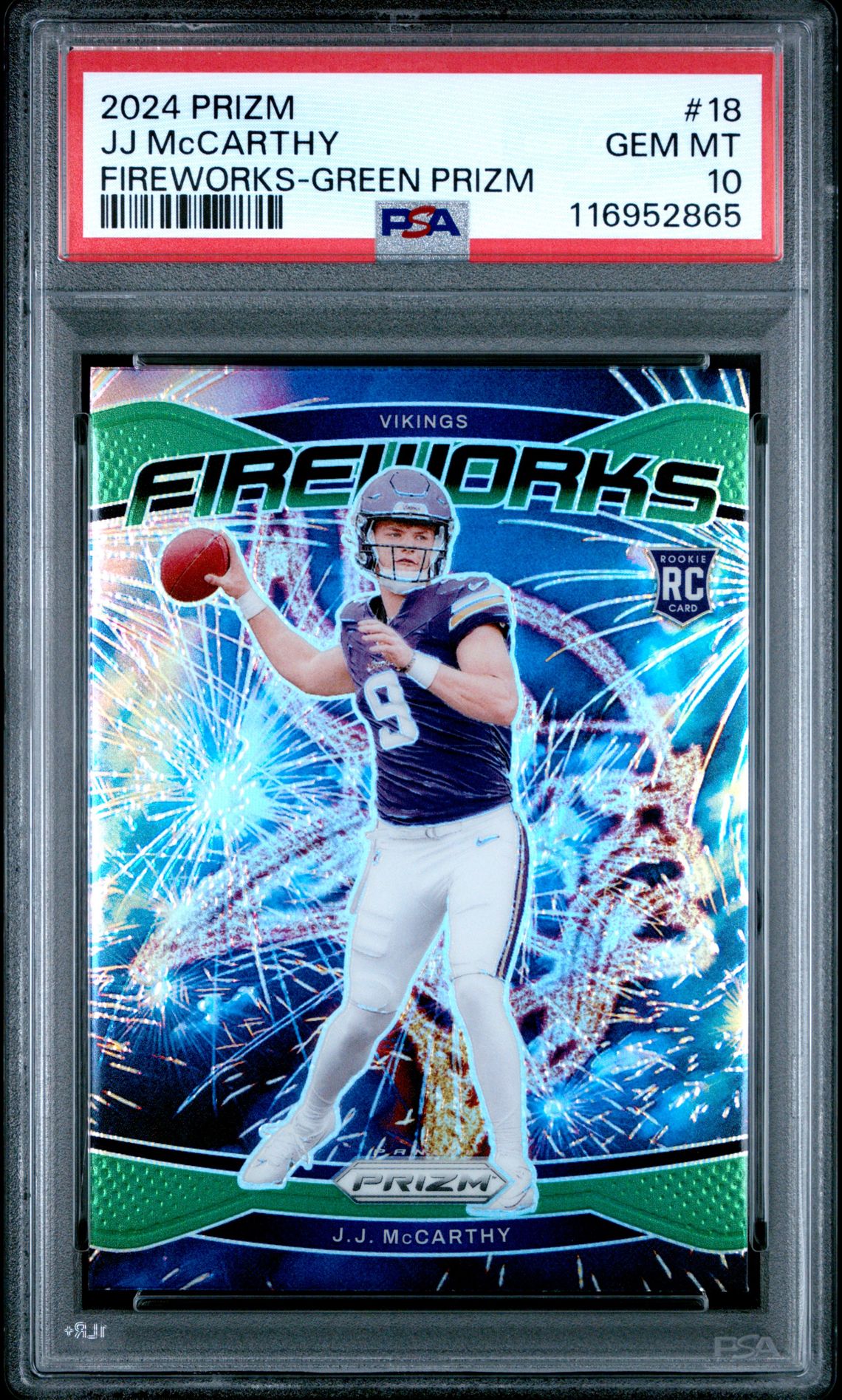 2024 Panini Prizm Fireworks Jj Mccarthy #18 (Fireworks-Green Prizm) Gem Mt 10 front