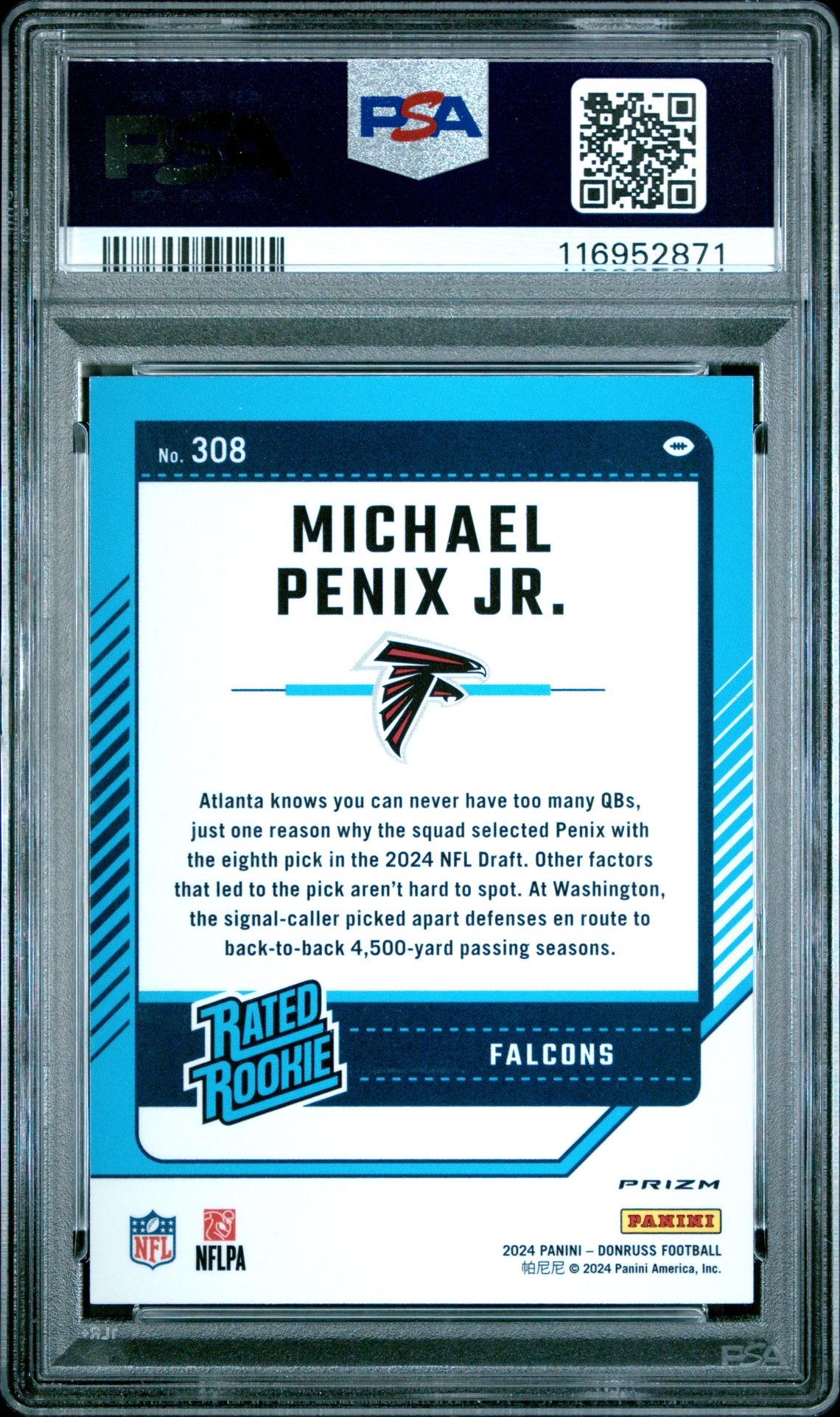 2024 Panini Donruss Michael Penix Jr. #308 (Optic Preview-Pink) Gem Mt 10 back