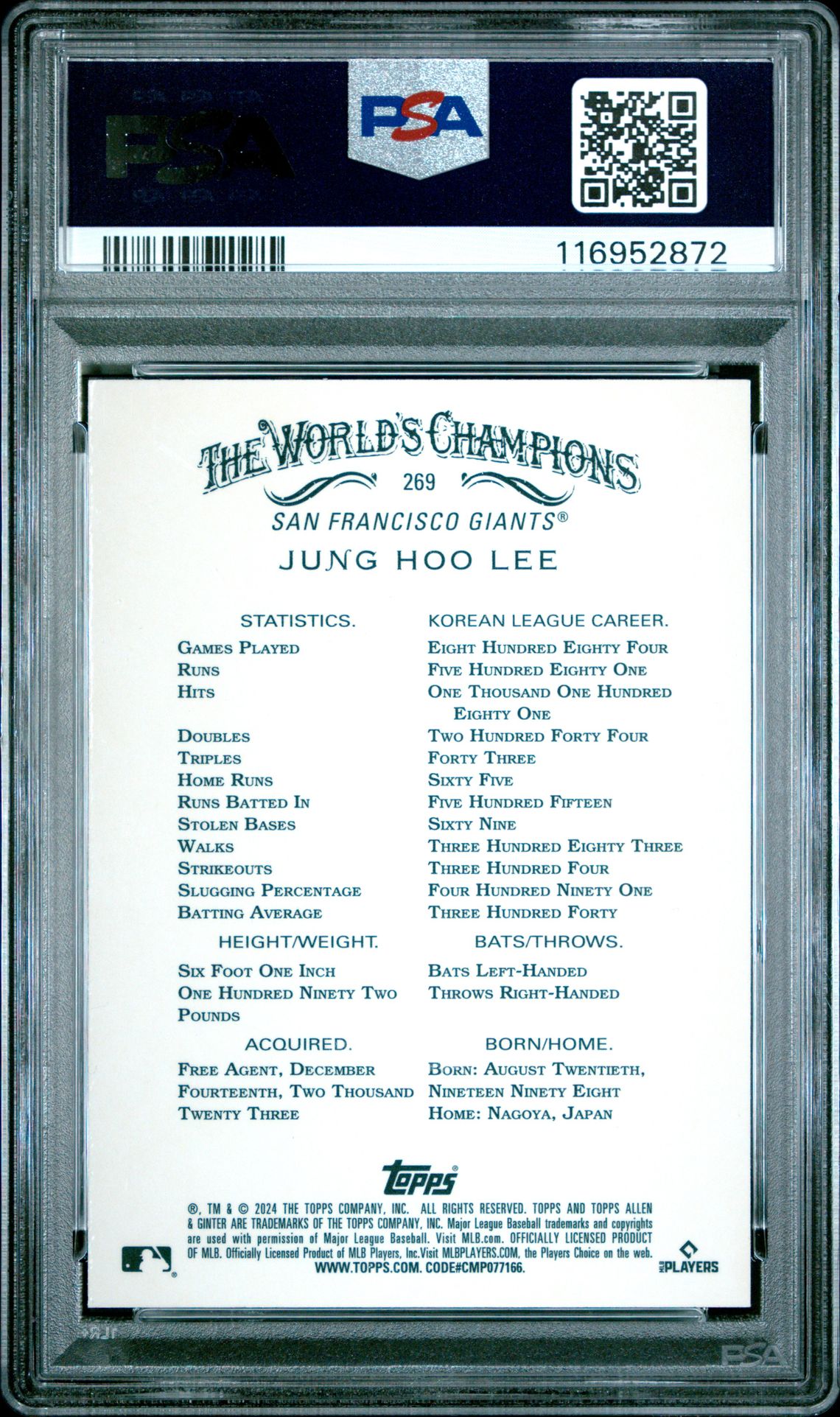 2024 Topps Allen & Ginter Jung Hoo Lee #269 (Chrome-Gold Refractor) Gem Mt 10 back