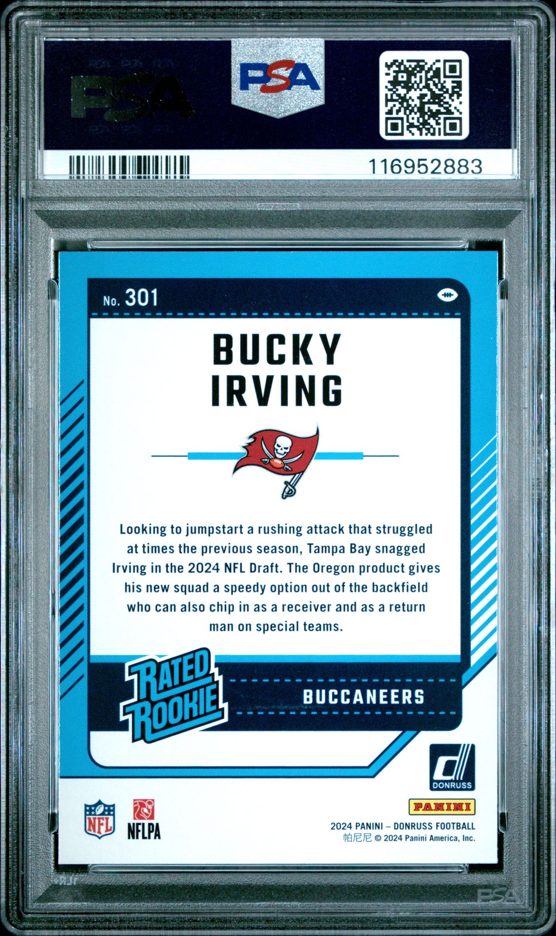 2024 Panini Donruss Bucky Irving #301 (Press Proof Blue) Gem Mt 10 back