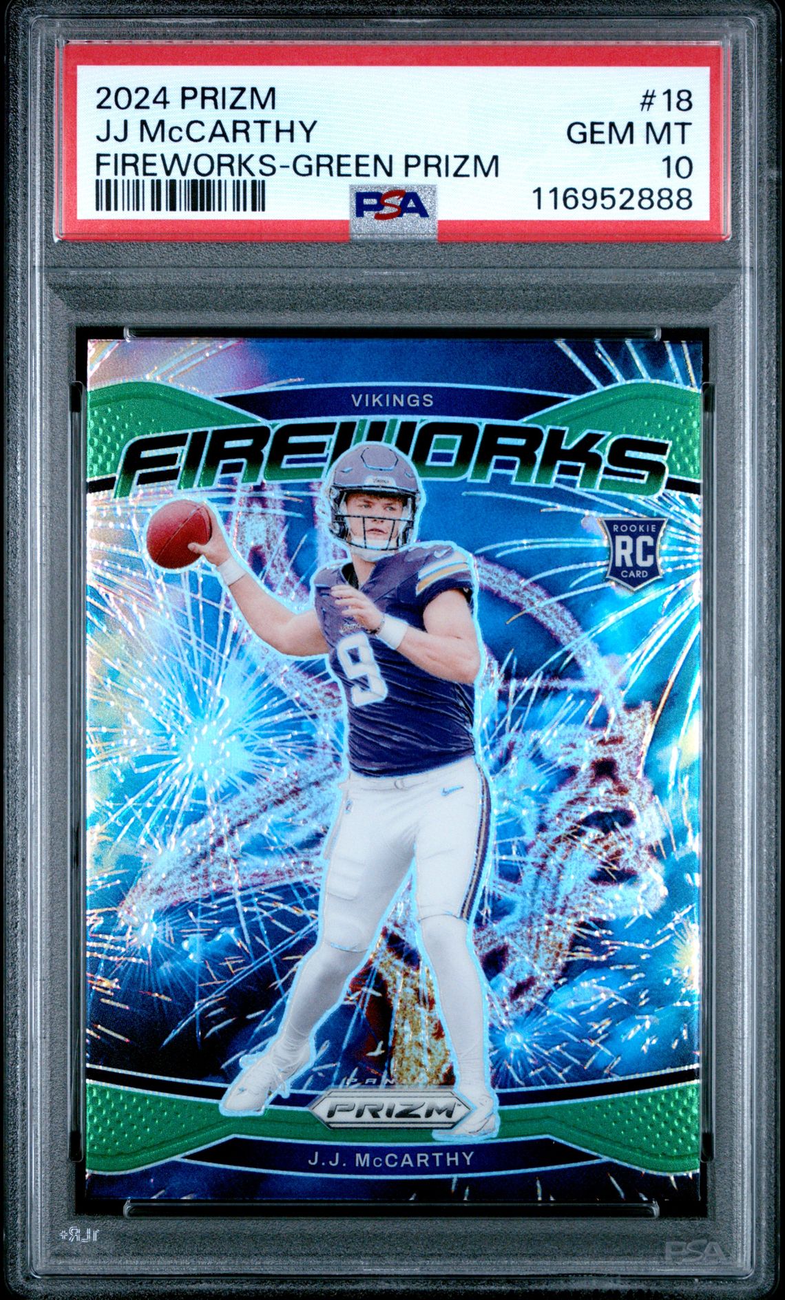 2024 Panini Prizm Fireworks Jj Mccarthy #18 (Fireworks-Green Prizm) Gem Mt 10 front
