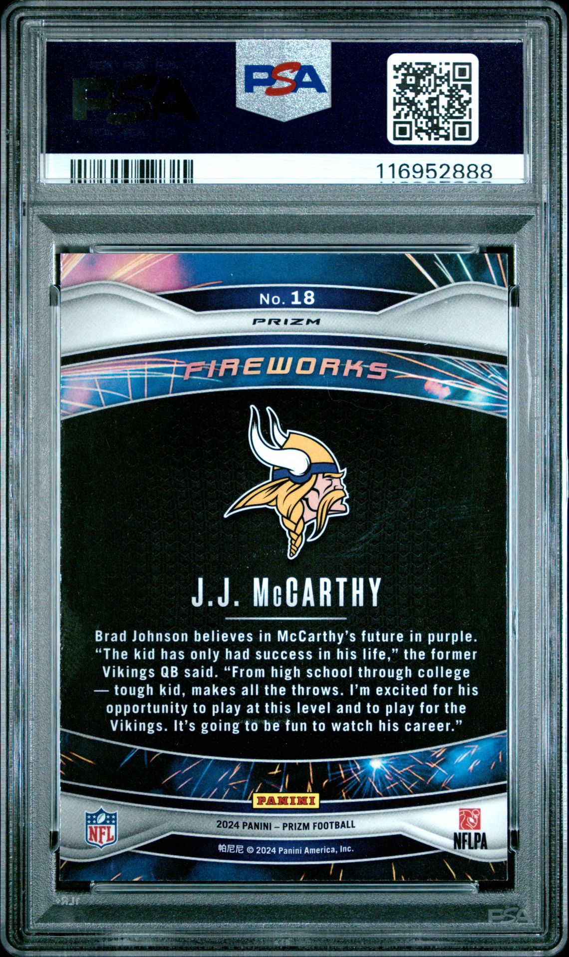 2024 Panini Prizm Fireworks Jj Mccarthy #18 (Fireworks-Green Prizm) Gem Mt 10 back