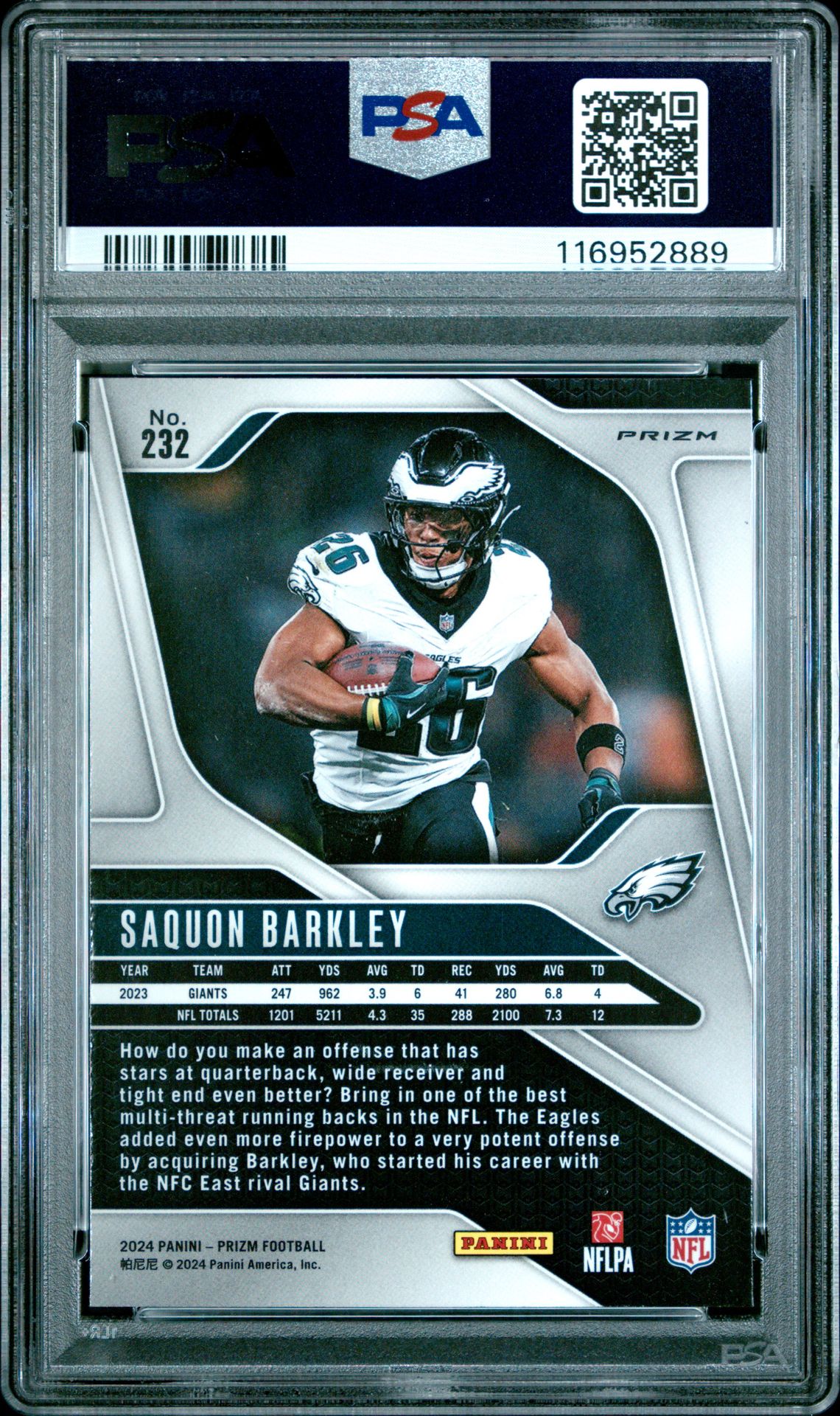 2024 Panini Prizm Saquon Barkley #232 (Red/White/Blue Prizm) Gem Mt 10 back