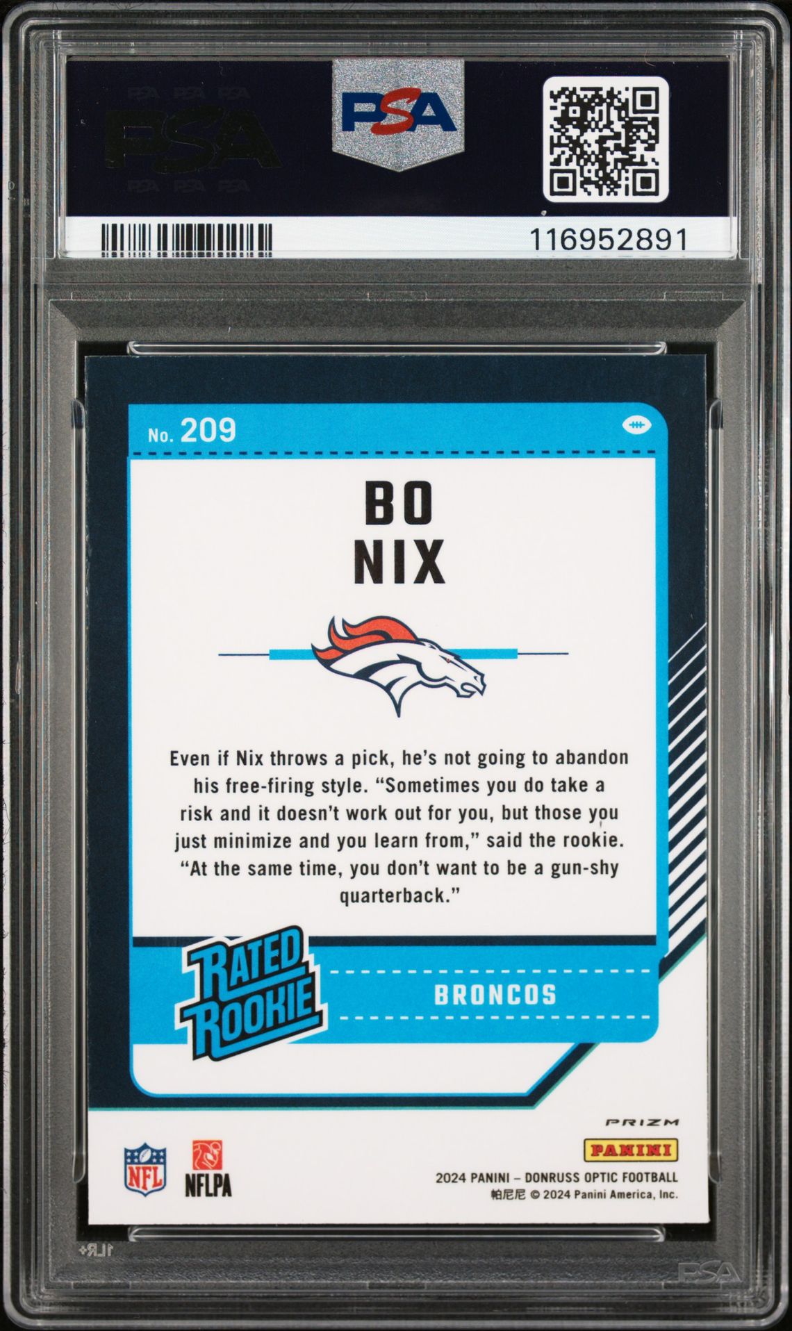 2024 Panini Donruss Optic Bo Nix #209 (Purple Shock) Mint 9 back