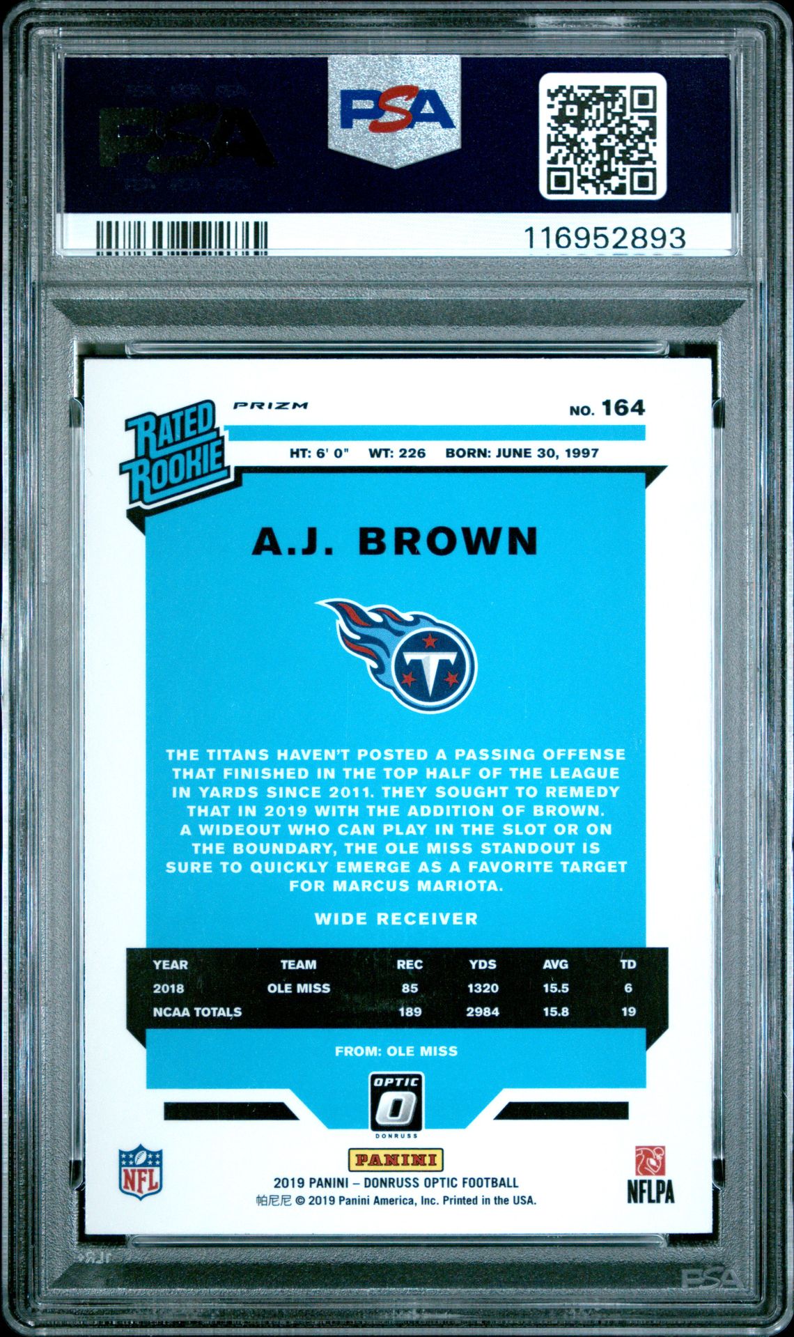 2019 Panini Donruss Optic A.j. Brown #164 (Red/Yellow) Mint 9 back