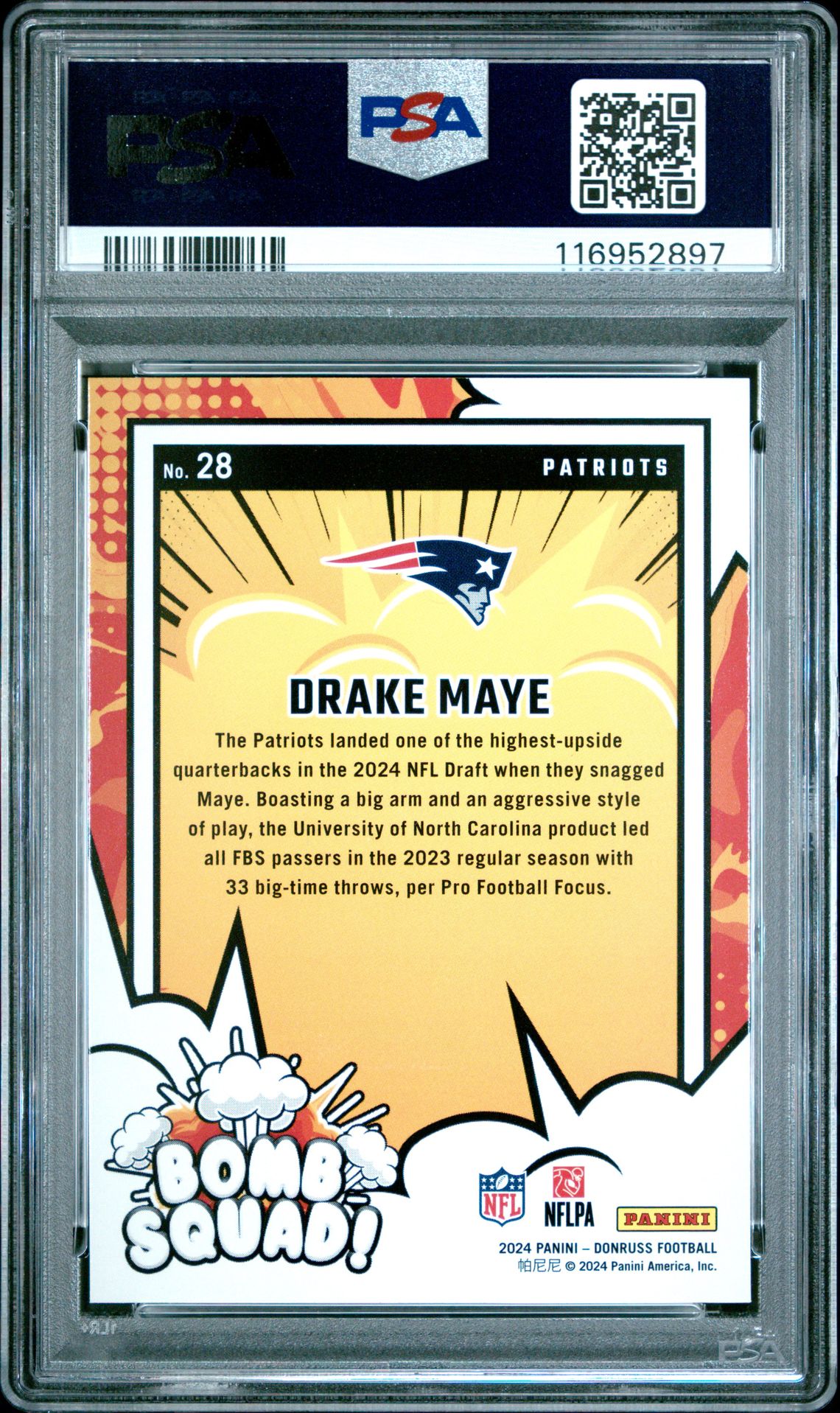 2024 Panini Donruss Bomb Squad Drake Maye #28 Gem Mt 10 back