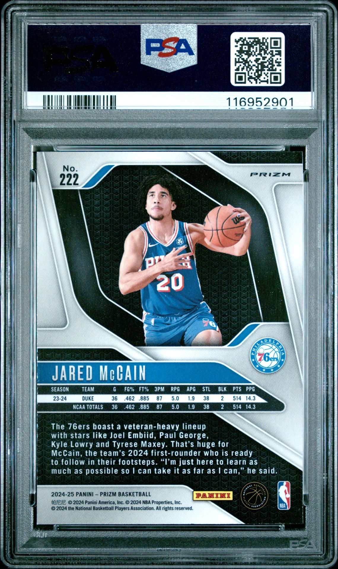 2024 Panini Prizm Jared Mccain #222 (Blue Yellow Green Choice) Gem Mt 10 back