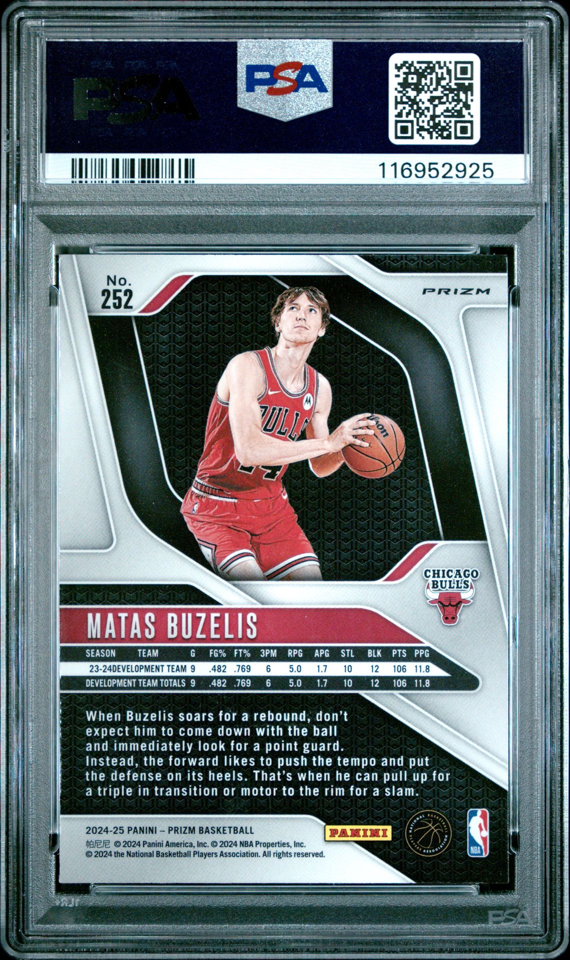 2024 Panini Prizm Matas Buzelis #252 (Fast Break) Mint 9 back