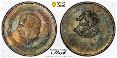 1953-Mo 5 Peso Hidalgo KM-467 Ag MS65