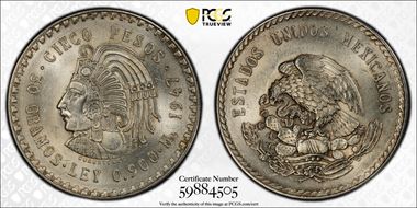 1947-Mo 5 Peso Cuauhtemoc KM-465 Ag MS63