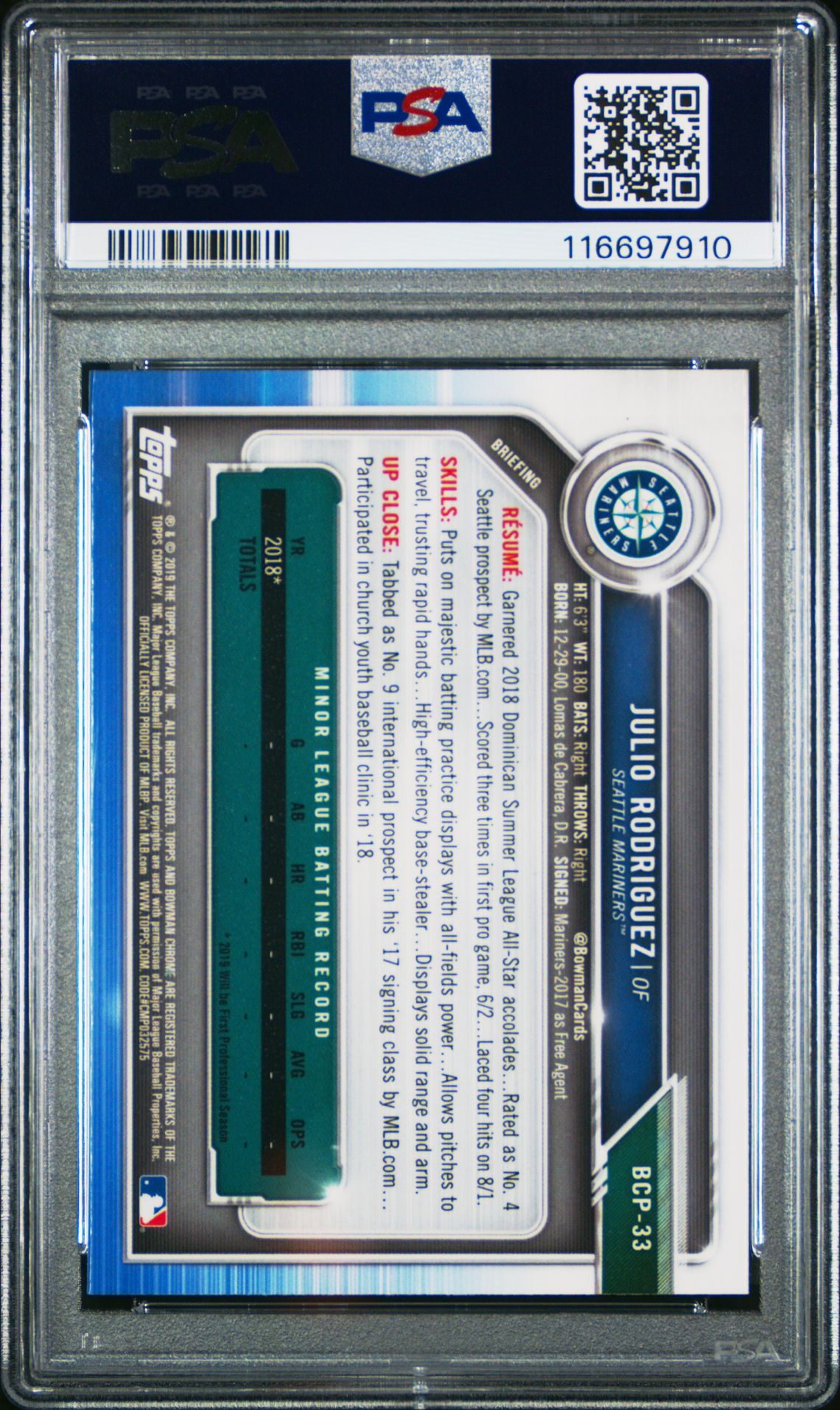 2019 Bowman Prospects Chrome Julio Rodriguez #33 (Prospects Chrome) Gem Mt 10 back