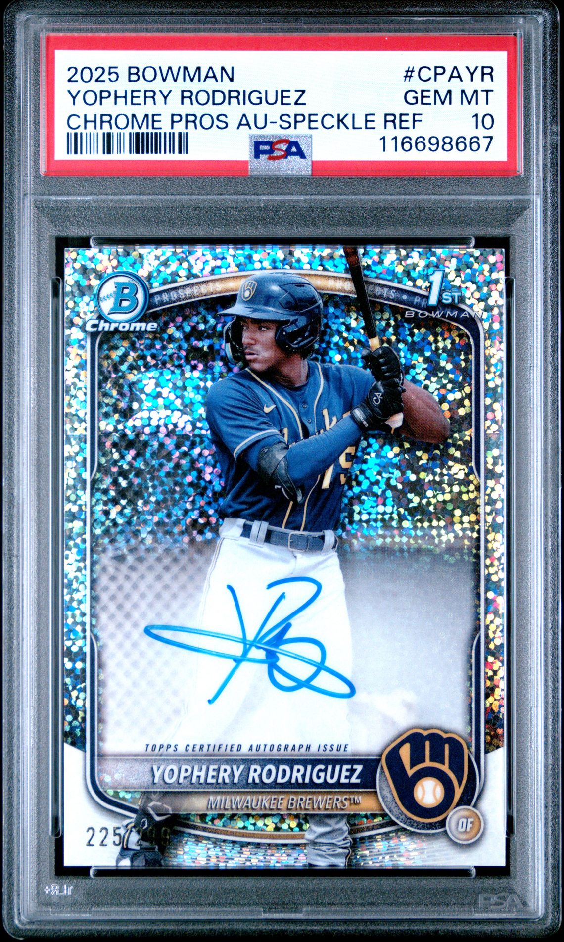 2025 Bowman BOWMAN CHROME PROSPECT AUTOGRAPHS CHROME PROS AU-SPECKLE REF #CPAYR Yophery Rodriguez front