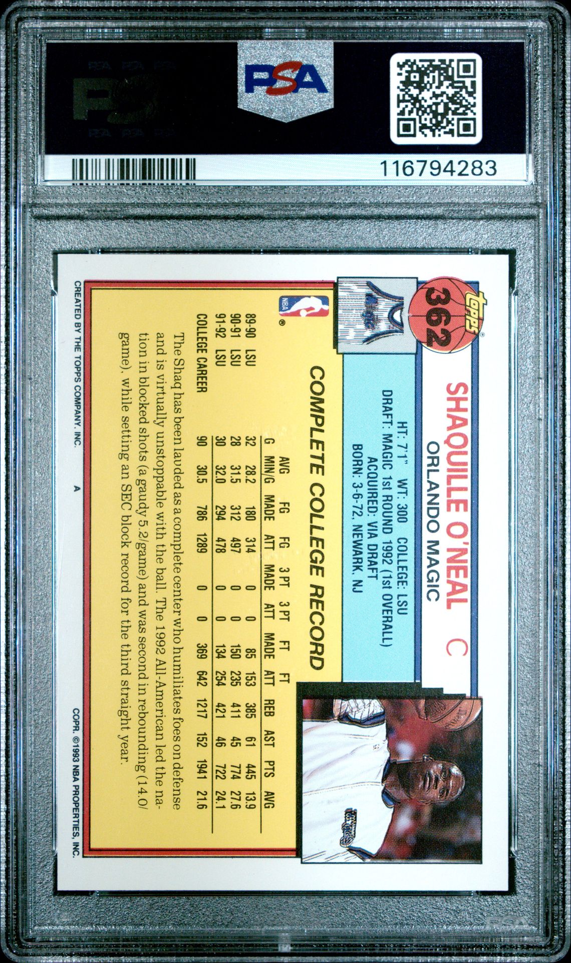 1992 Topps Shaquille O'neal #362 Mint 9 back