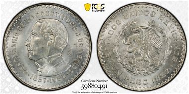 1957-Mo Peso Constitution KM-458 Ag MS66