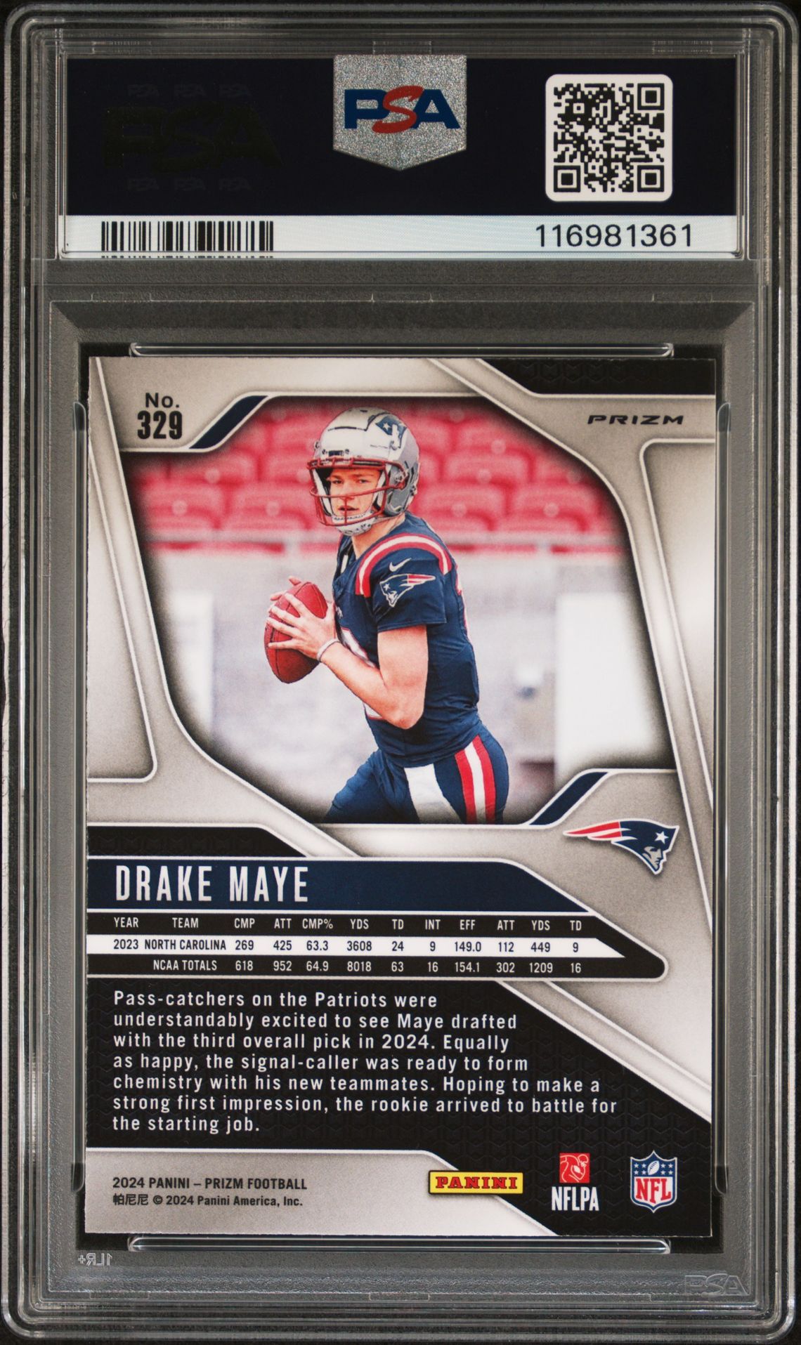 2024 Panini Prizm Drake Maye #329 (Silver Prizm) Mint 9 back