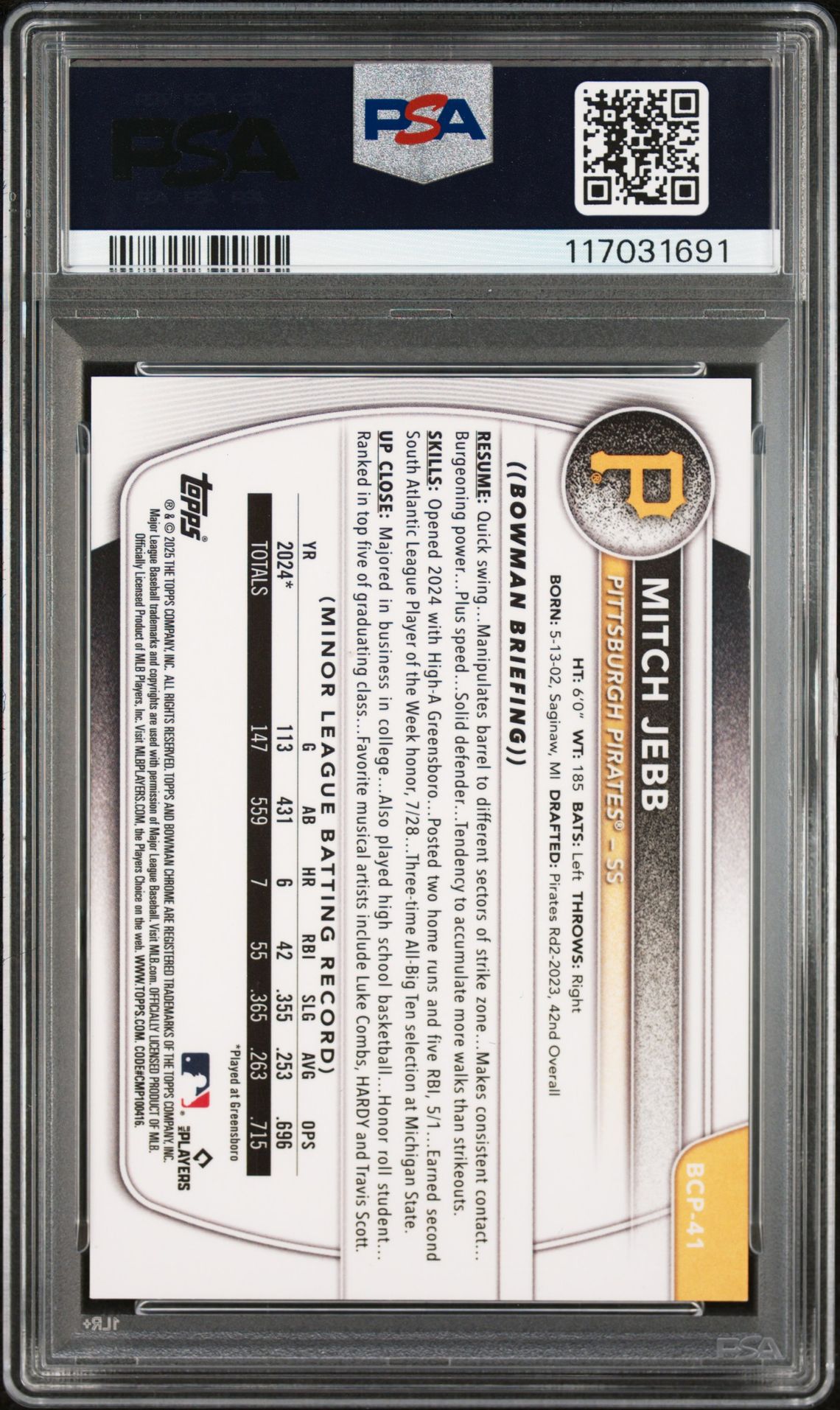 2025 Bowman Chrome Prospects Mitch Jebb #Bcp41 (Chrome Pros-Fuchsia Wave) Nm 7 back