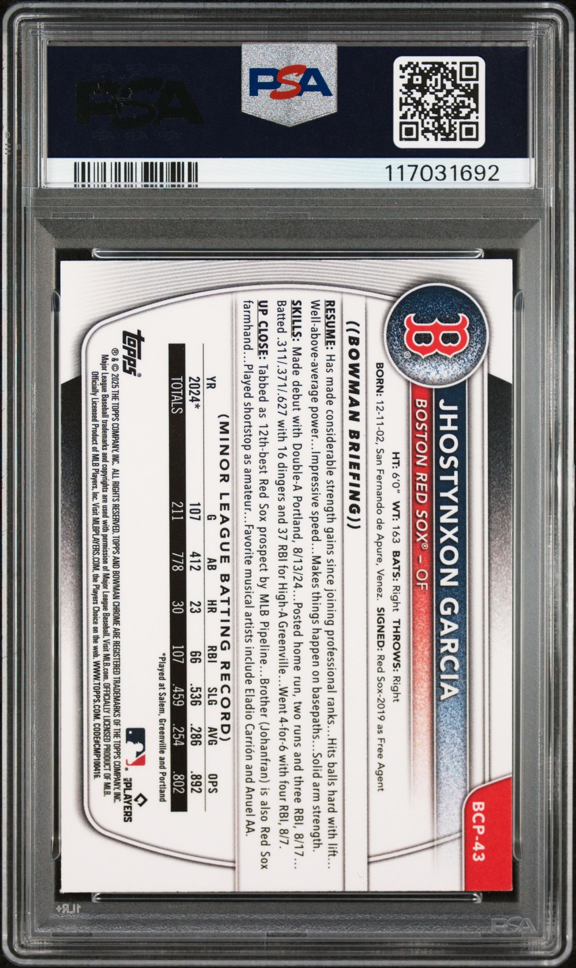 2025 Bowman Chrome Prospects Jhostynxon Garcia #Bcp43 (Chrome Pros-Wave Ref) Mint 9 back