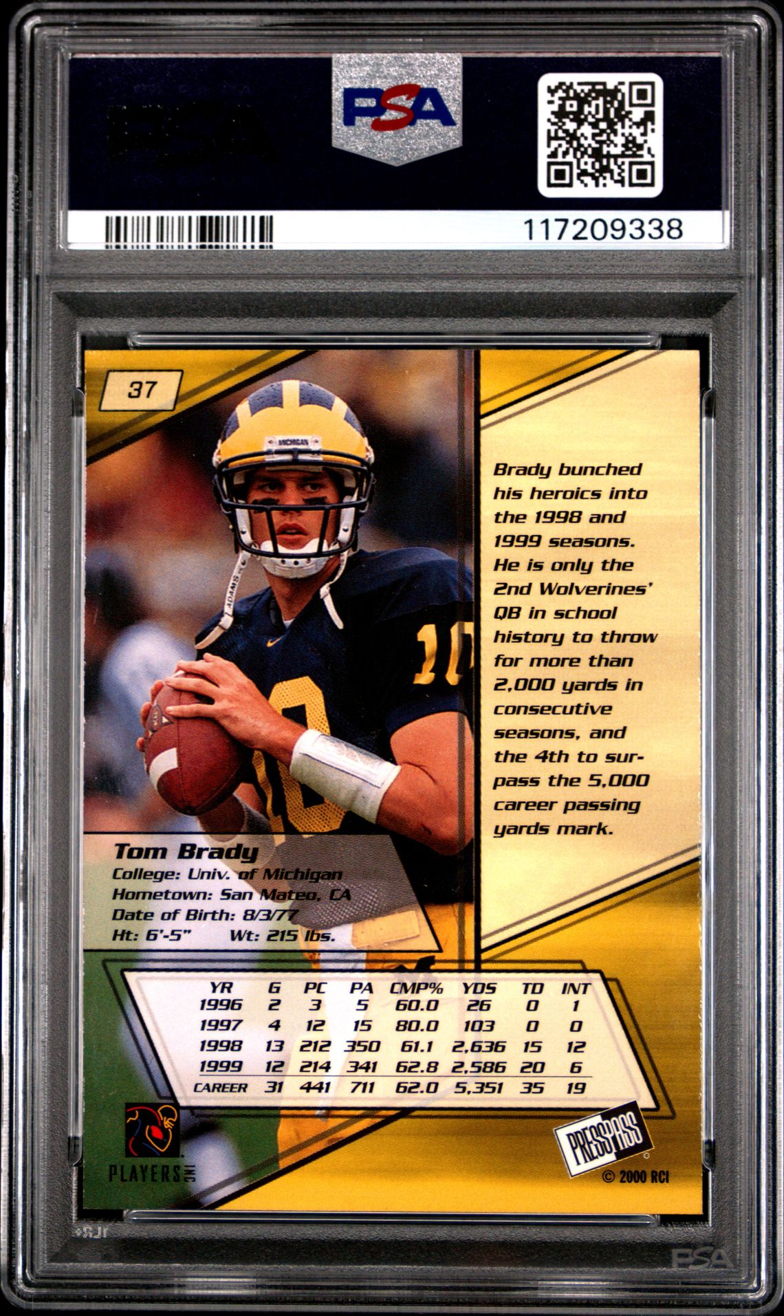 2000 Press Pass Tom Brady #37 Mint 9 back