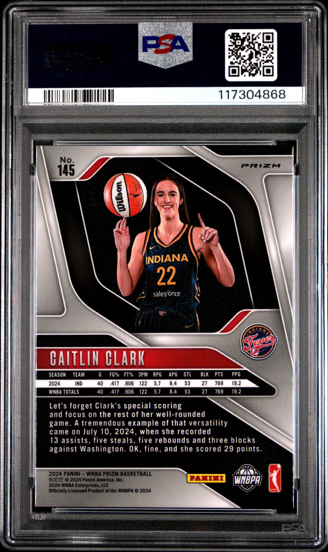 2024 Panini Prizm Wnba Caitlin Clark #145 (Blue Velocity) Mint 9 back