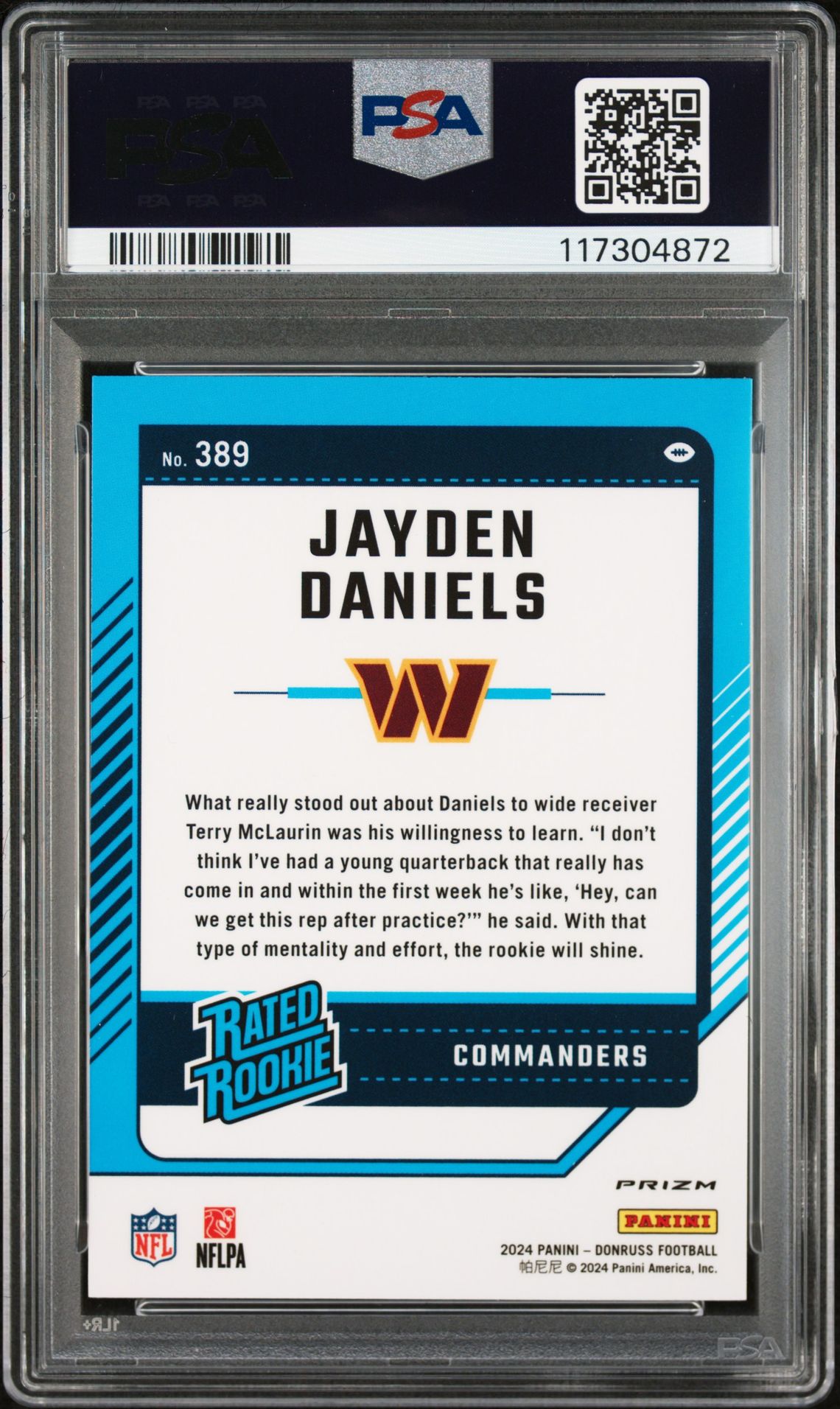 2024 Panini Donruss Jayden Daniels #389 (Optic Preview-Red & Green) Mint 9 back
