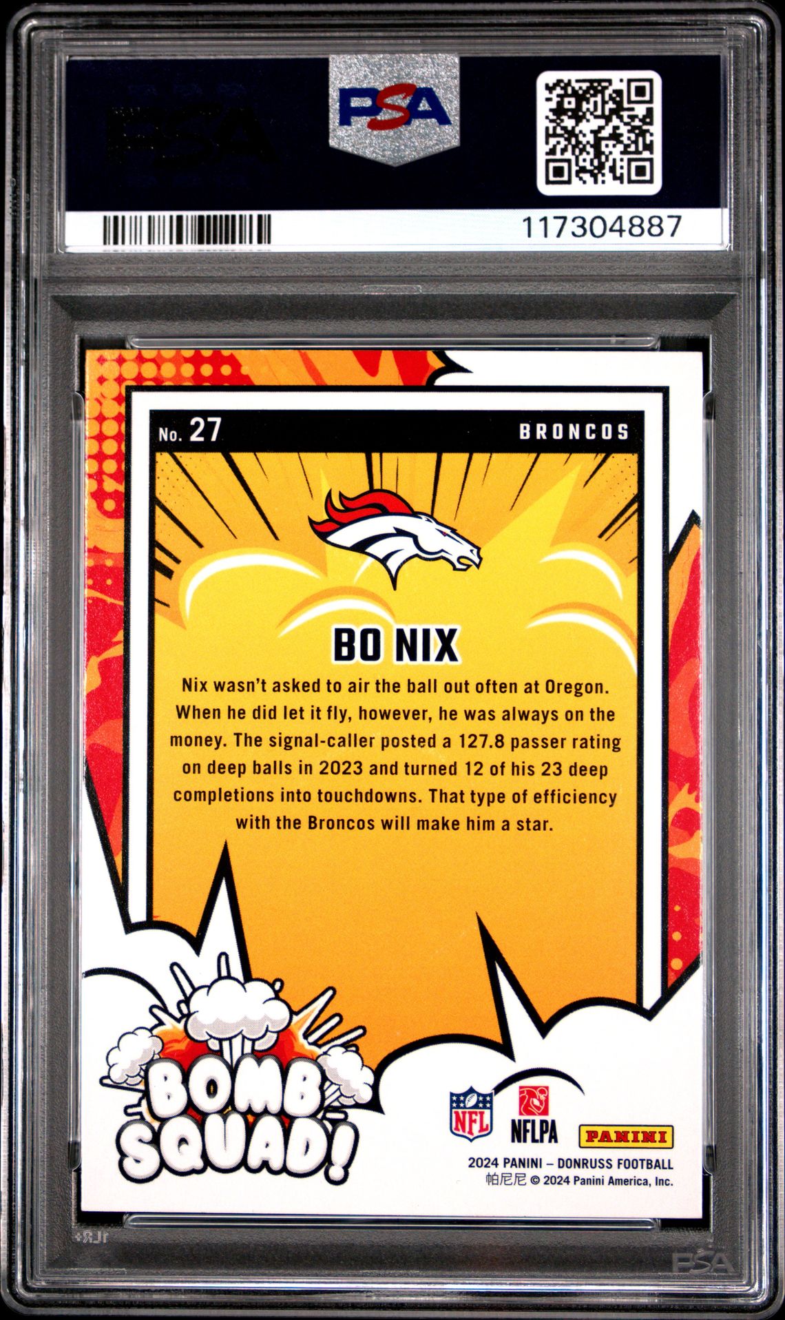2024 Panini Donruss Bomb Squad Bo Nix #27 Gem Mt 10 back