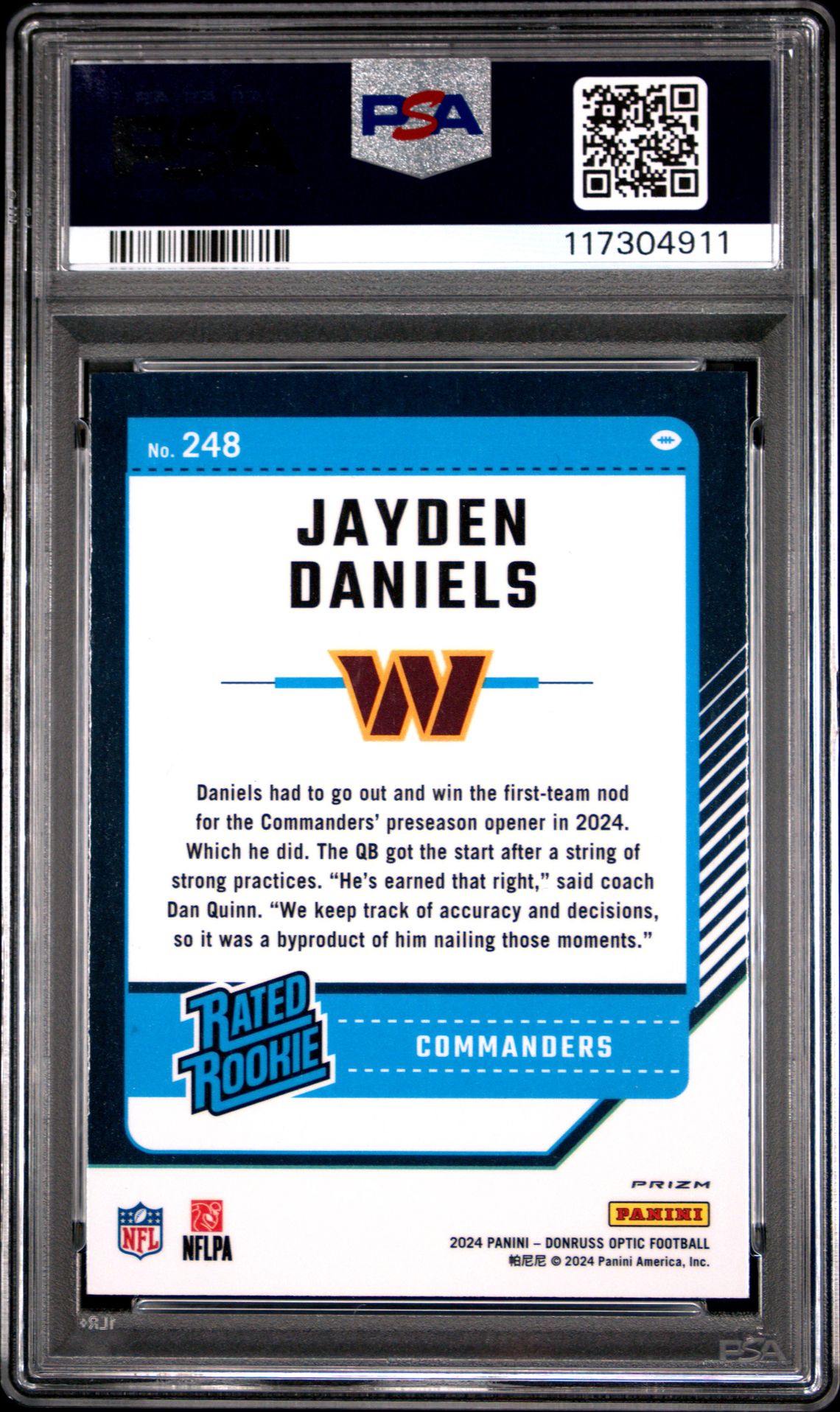 2024 Panini Donruss Optic Jayden Daniels #248 (Green Velocity) Gem Mt 10 back