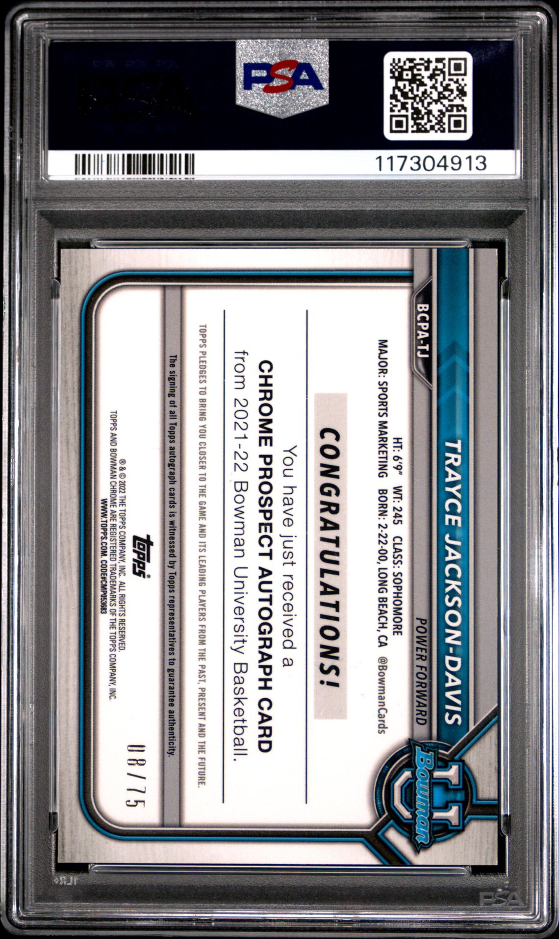 2021 Bowman University Chrome Prospect Autographs Trayce Jackson-Davis #Tj (Chr.prospect Au-Ylw.ref.) Gem Mt 10 back