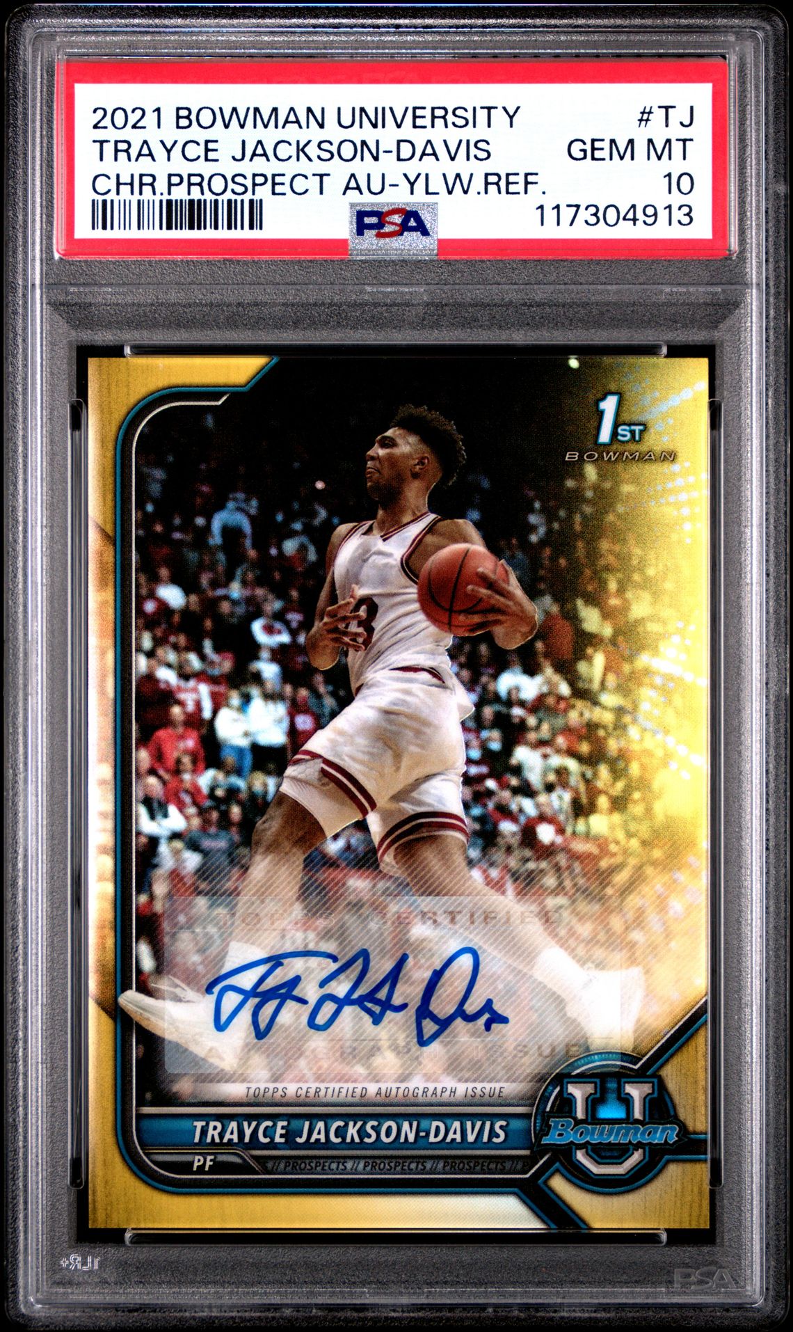 2021 Bowman University Chrome Prospect Autographs Trayce Jackson-Davis #Tj (Chr.prospect Au-Ylw.ref.) Gem Mt 10 front