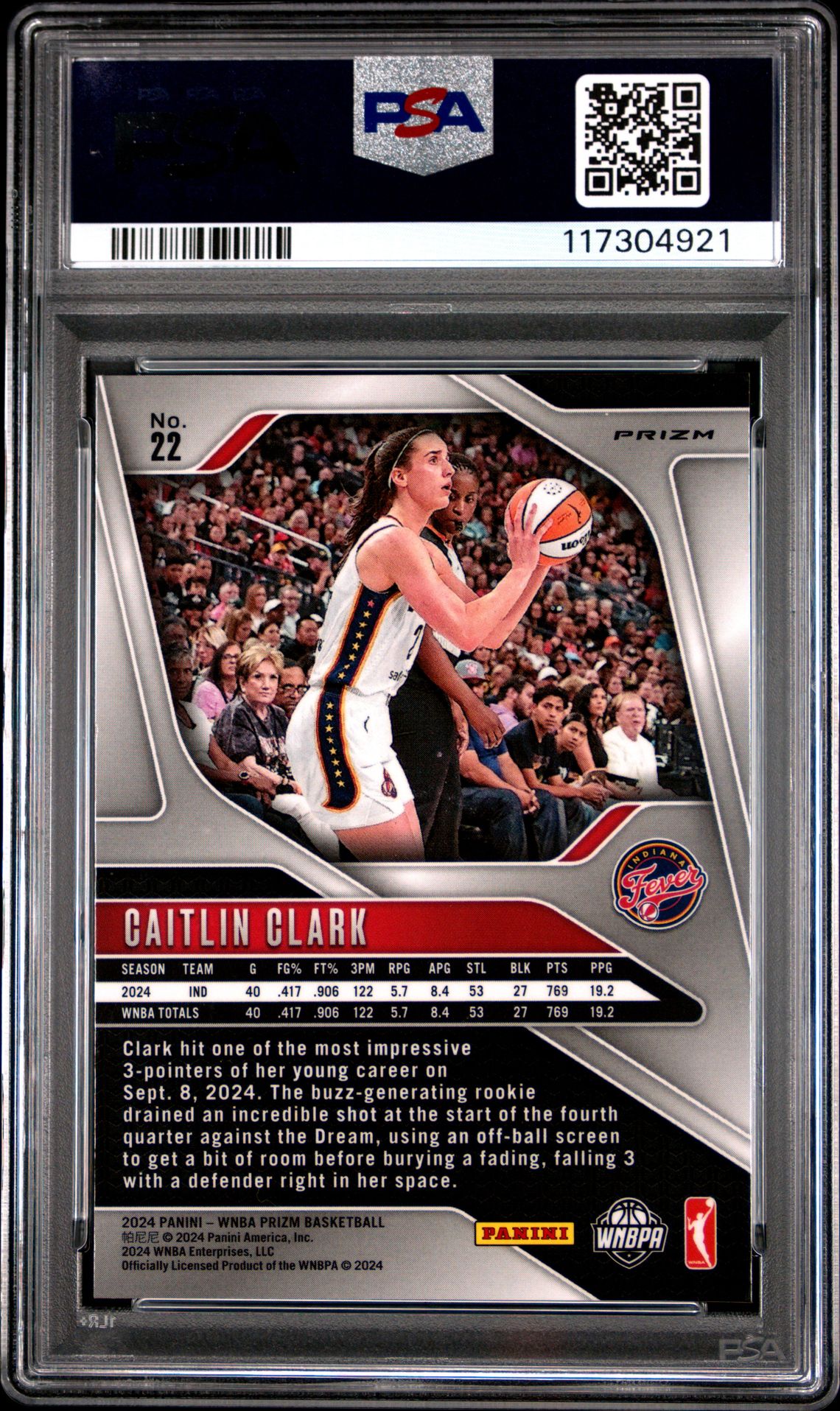 2024 Panini Prizm Wnba Caitlin Clark #22 (Blue Velocity) Gem Mt 10 back