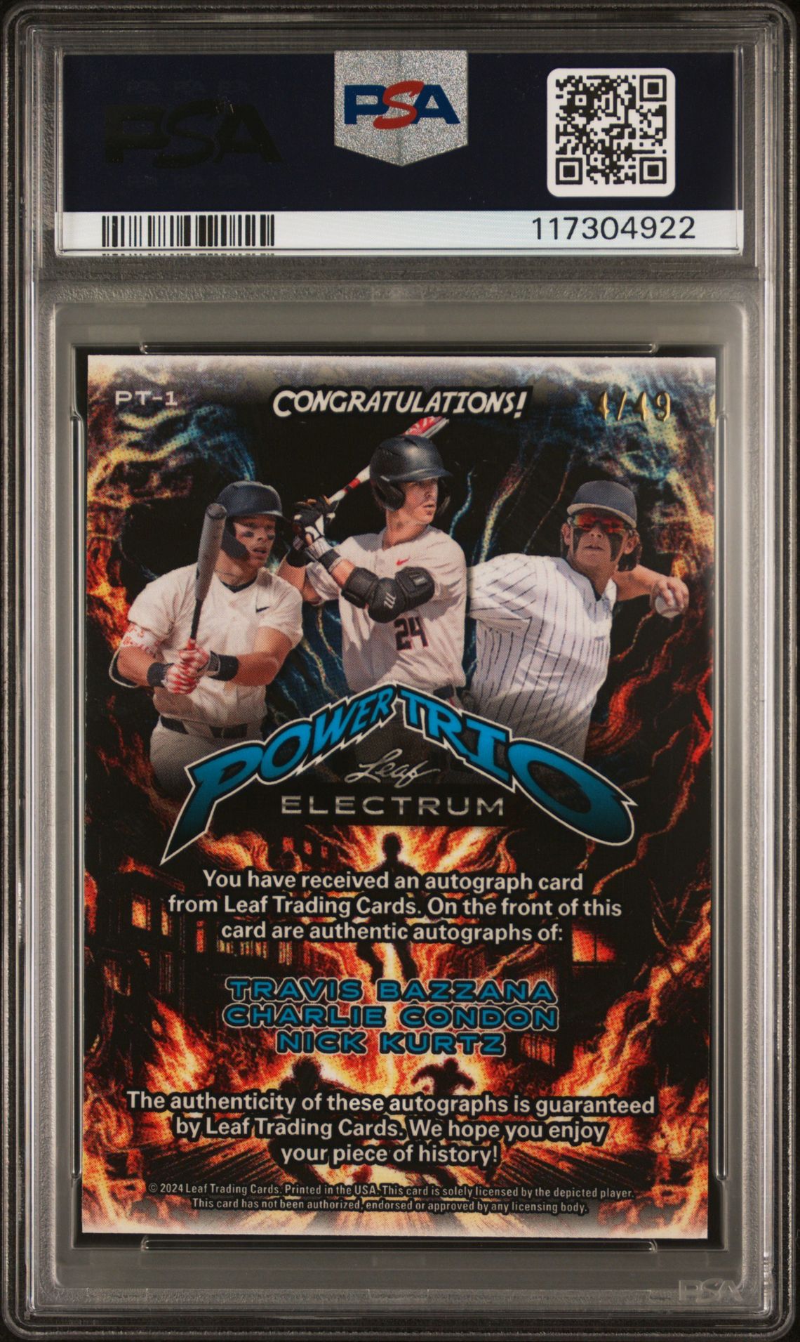 2024 Leaf Electrum Power Trio Autographs Bazzana/Condon/Kurtz #Pt1 (Power Trio Auto-Bronze) Gem Mt 10 back