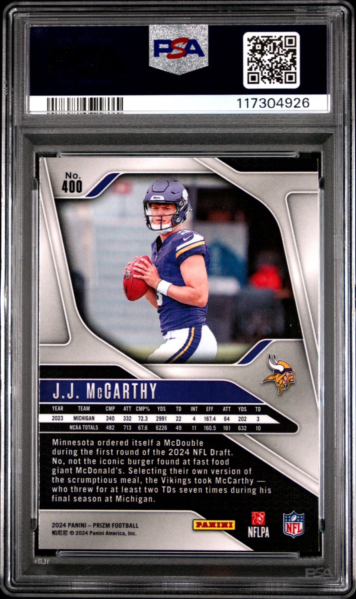 2024 Panini Prizm Jj Mccarthy #400 Gem Mt 10 back
