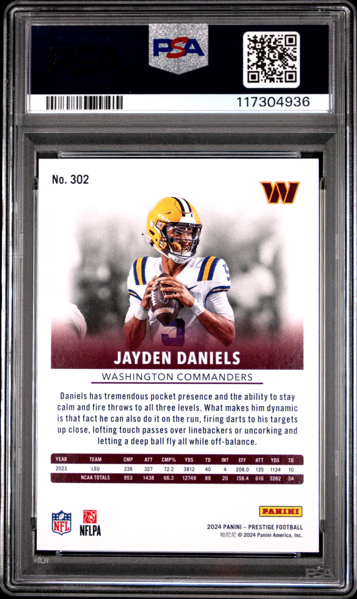 2024 Panini Prestige Jayden Daniels #302 Gem Mt 10 back